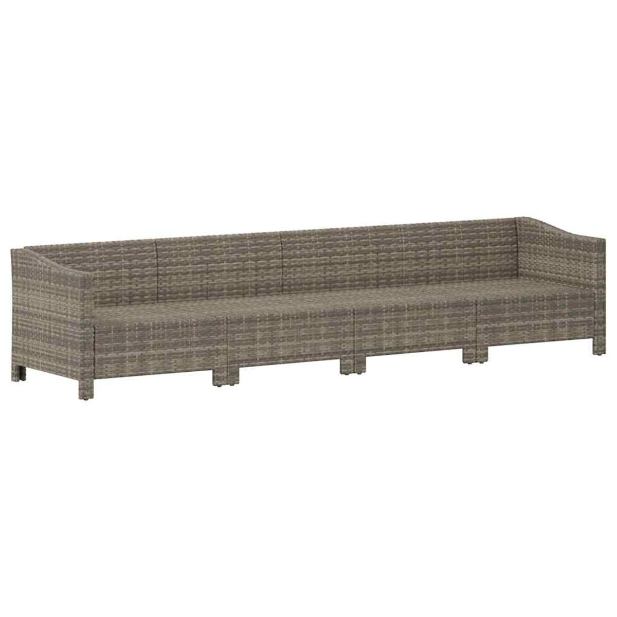 Langes, graues Outdoor-Sofa aus Korbgeflecht mit geschwungener Rückenlehne, vor weißem Hintergrund.