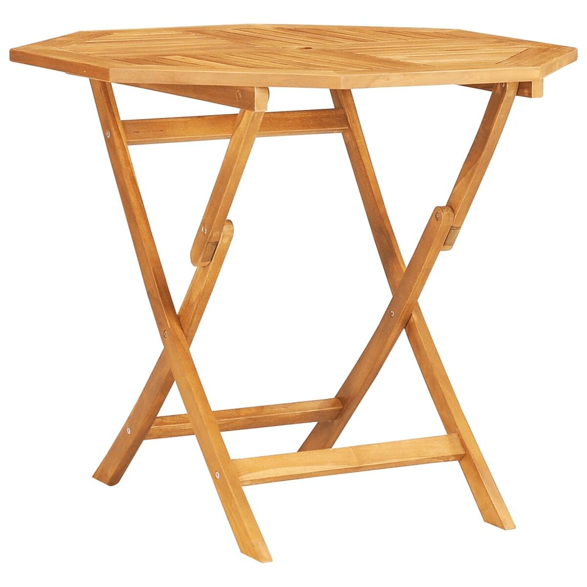 Achteckiger Klapptisch aus Holz. Die Beine sind X-förmig.