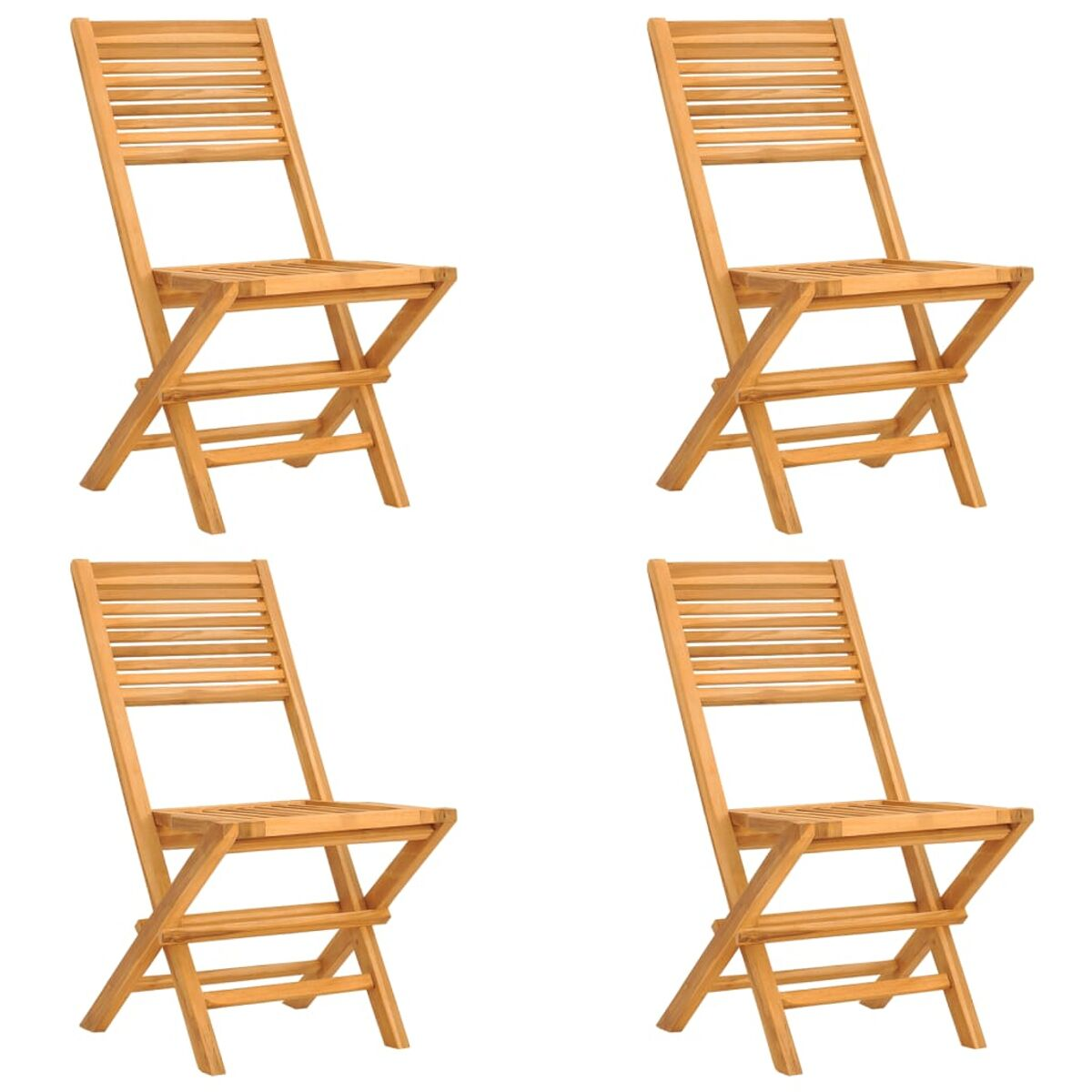 Vier Holzklappstühle werden gezeigt. Sie sind abgewinkelt und haben ein Lamellendesign.