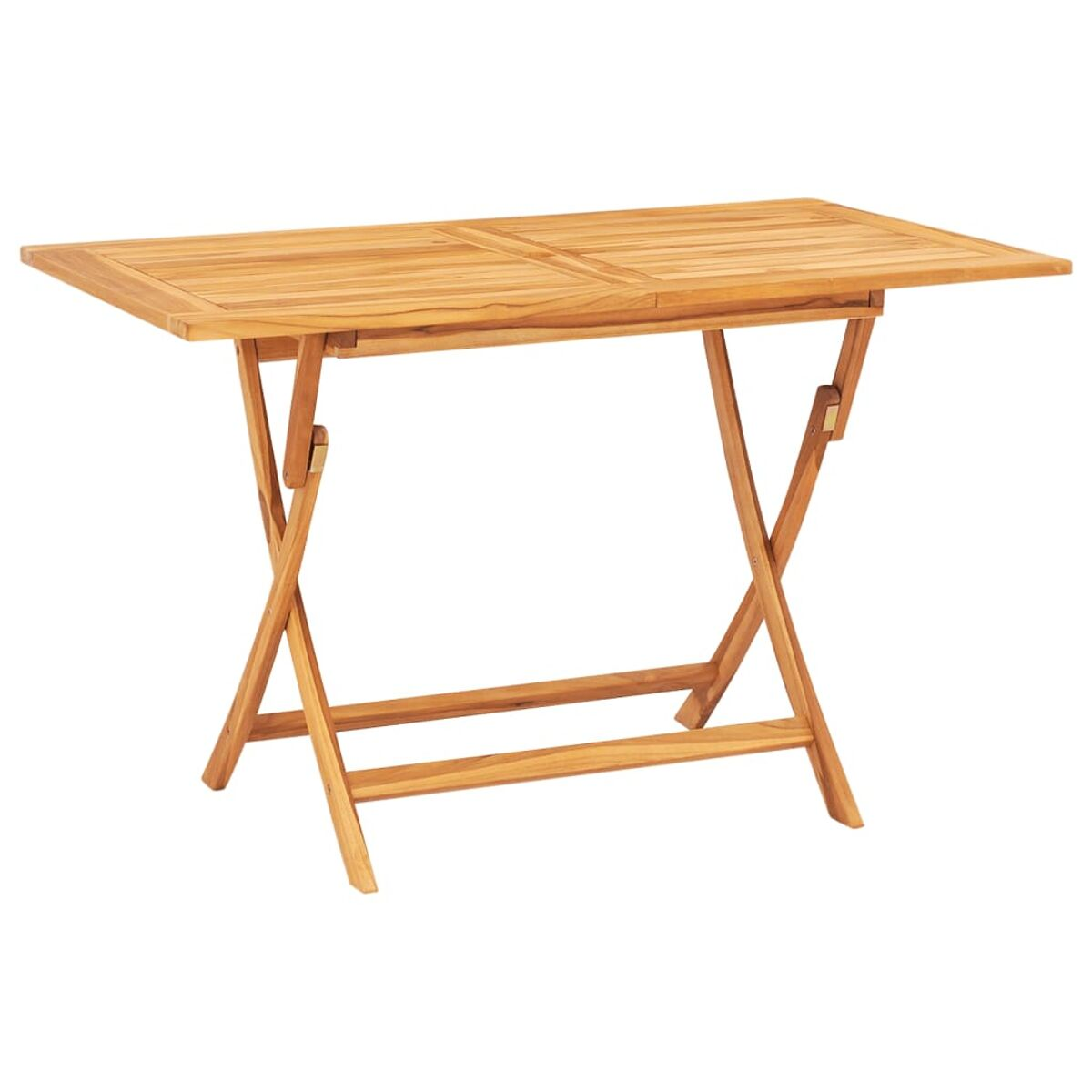 Klapptisch aus Holz. Rechteckige Form mit Lattenrost und X-förmigen Beinen.