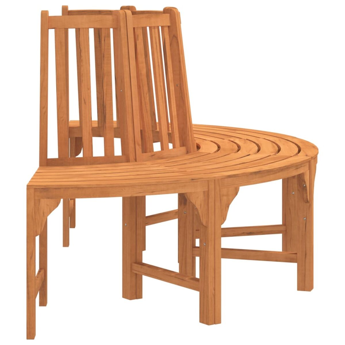 Una panca in legno curva con due sedie collegate. Il legno ha un colore marrone chiaro naturale.