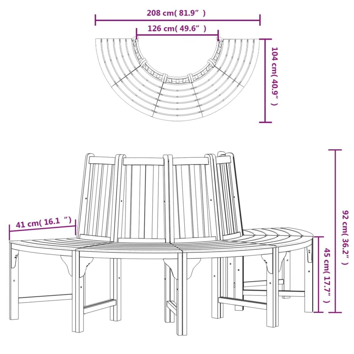 Una panchina circolare in legno per esterni con dimensioni. Ha una forma curva.