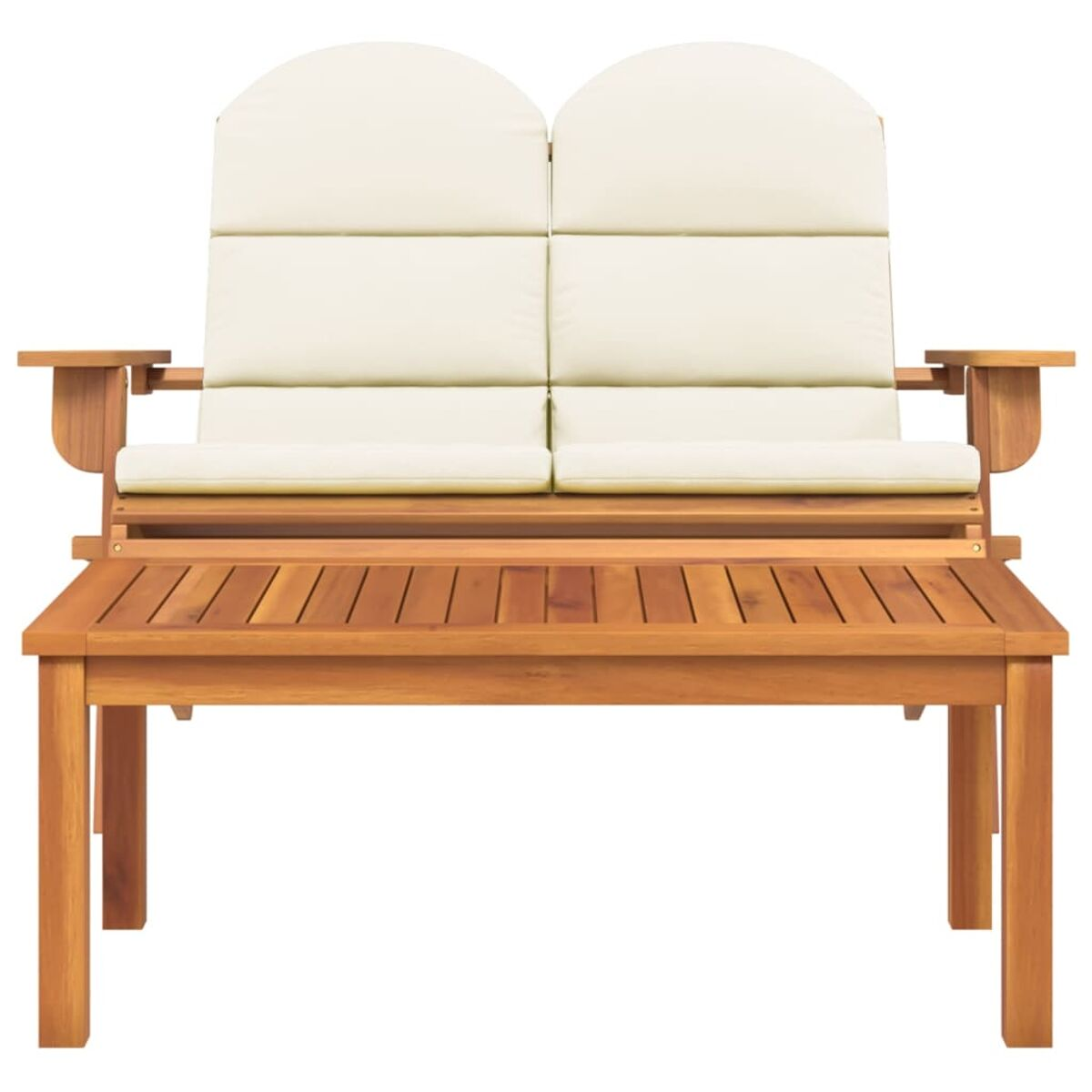 Holz-Outdoor-Set mit Doppelsitz-Sofa und Tisch. Creme Kissen auf der Sitzfläche.