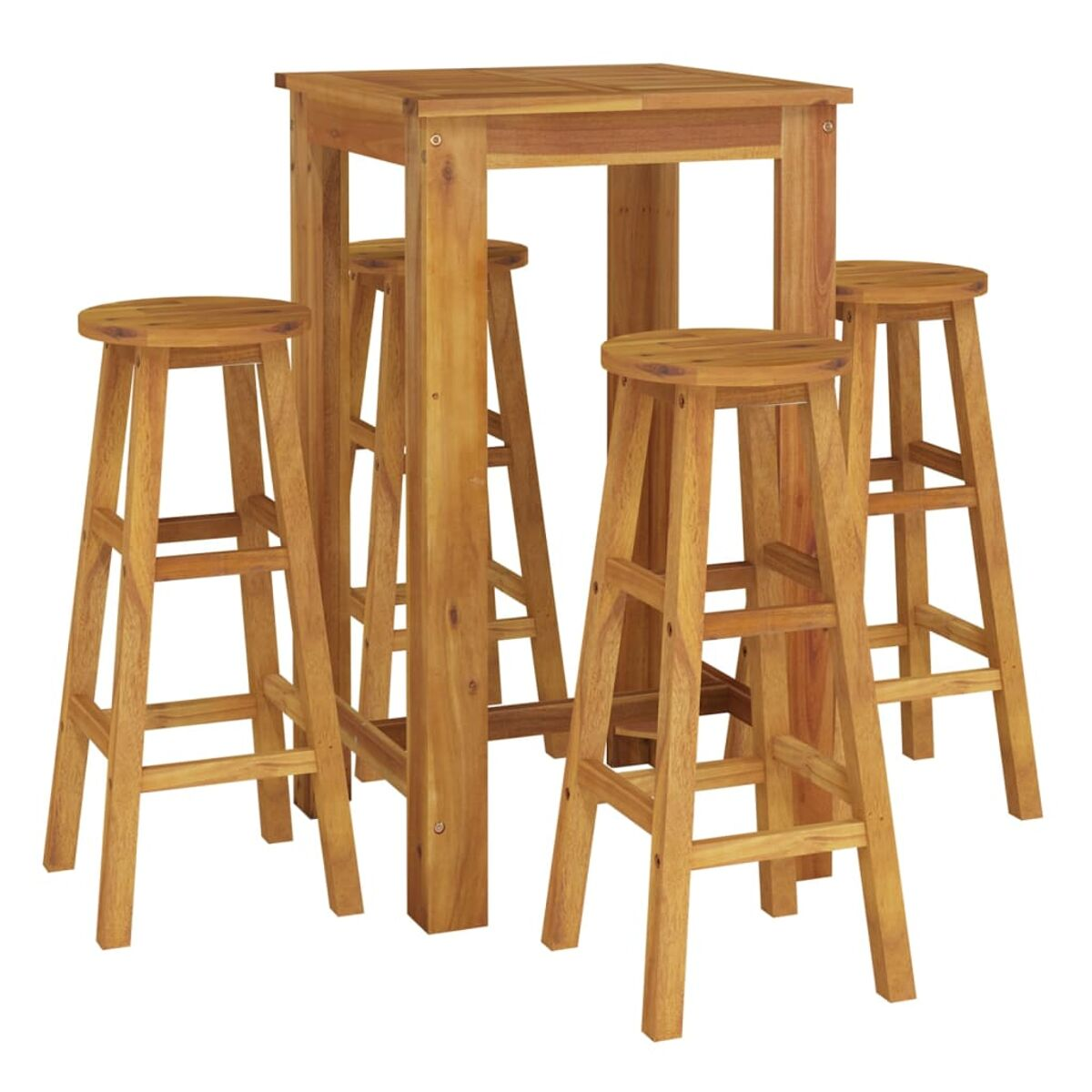 Ein Holztisch und vier Hocker.