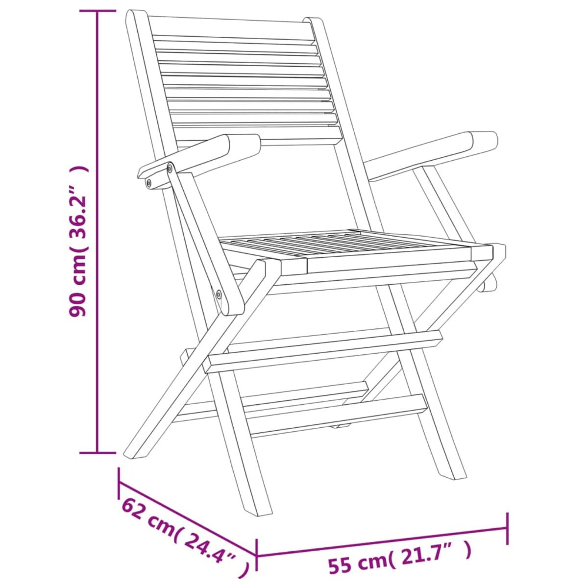Diagramm eines Holzklappstuhls mit Abmessungen in cm und Zoll. Seitenansicht des Stuhls.
