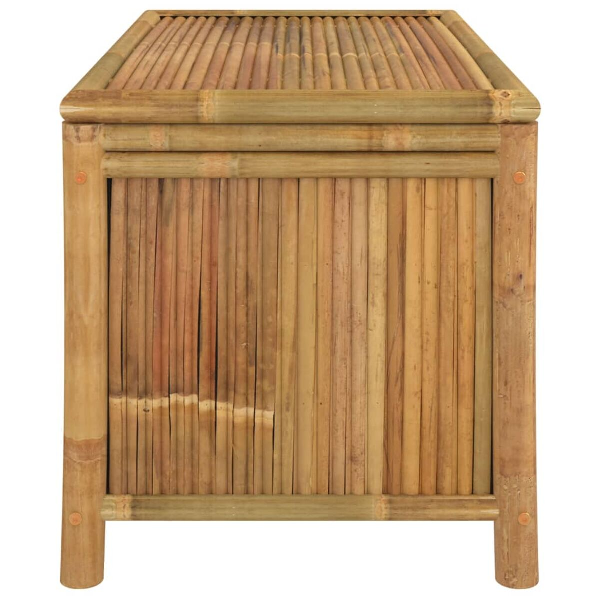 Bambusschrank mit vertikalen Bambuslatten. Holzschrank mit vertikalen Linien, mit Deckel.