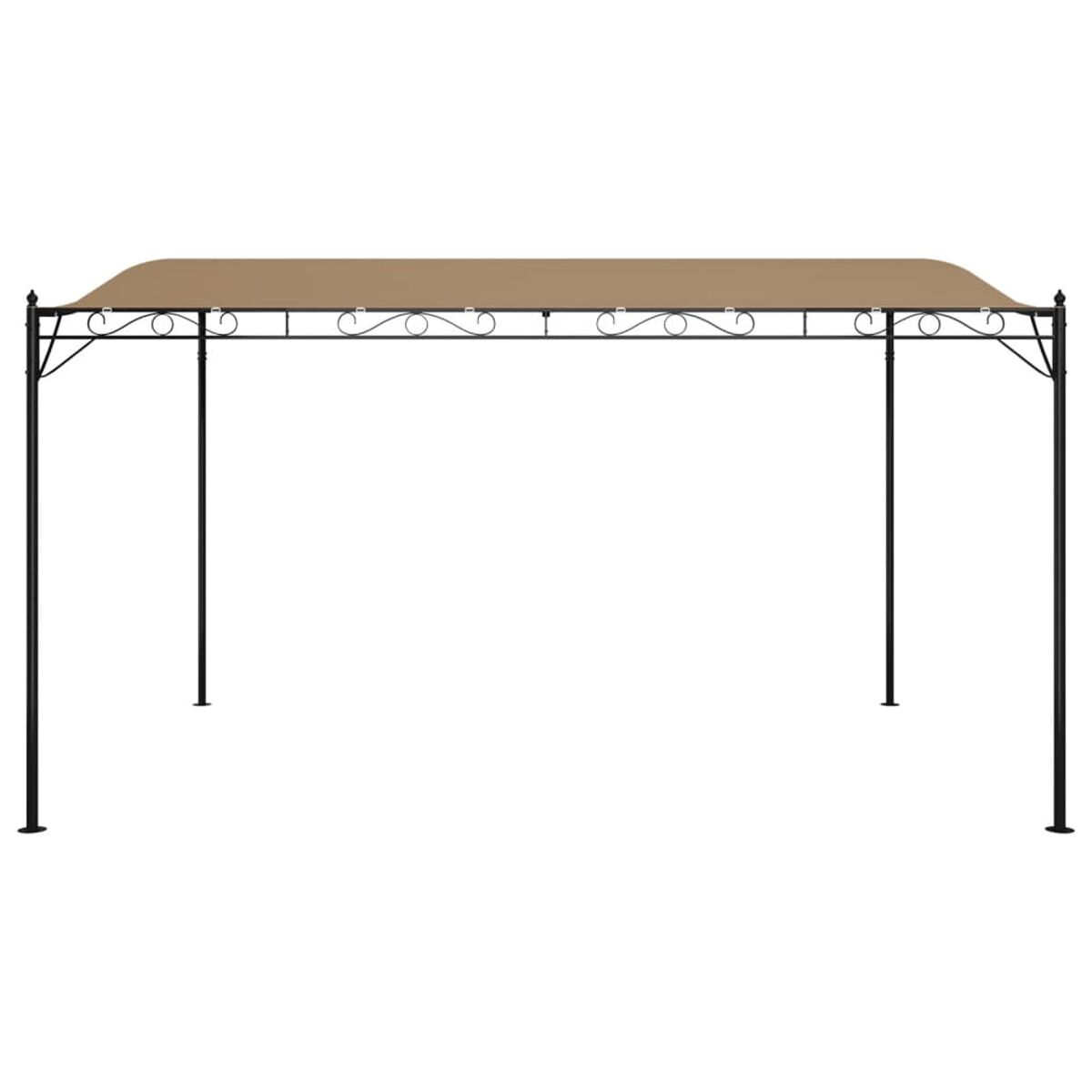 Pavillon mit einem beigen Stoffdach und schwarzem Metallrahmen. Weißer Hintergrund.