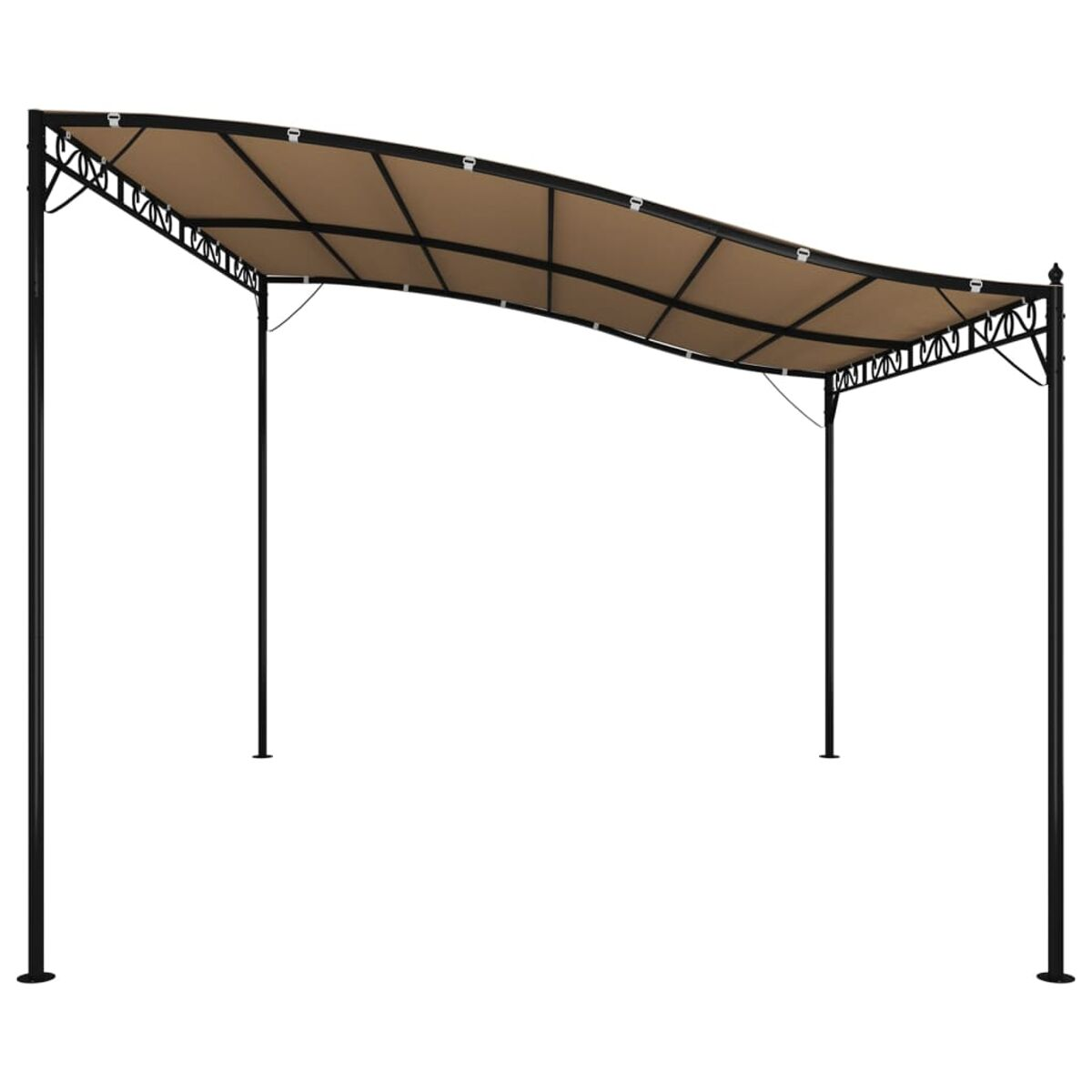 Schwarze Pergola mit braunem Dach. Vier schwarze Pfosten.