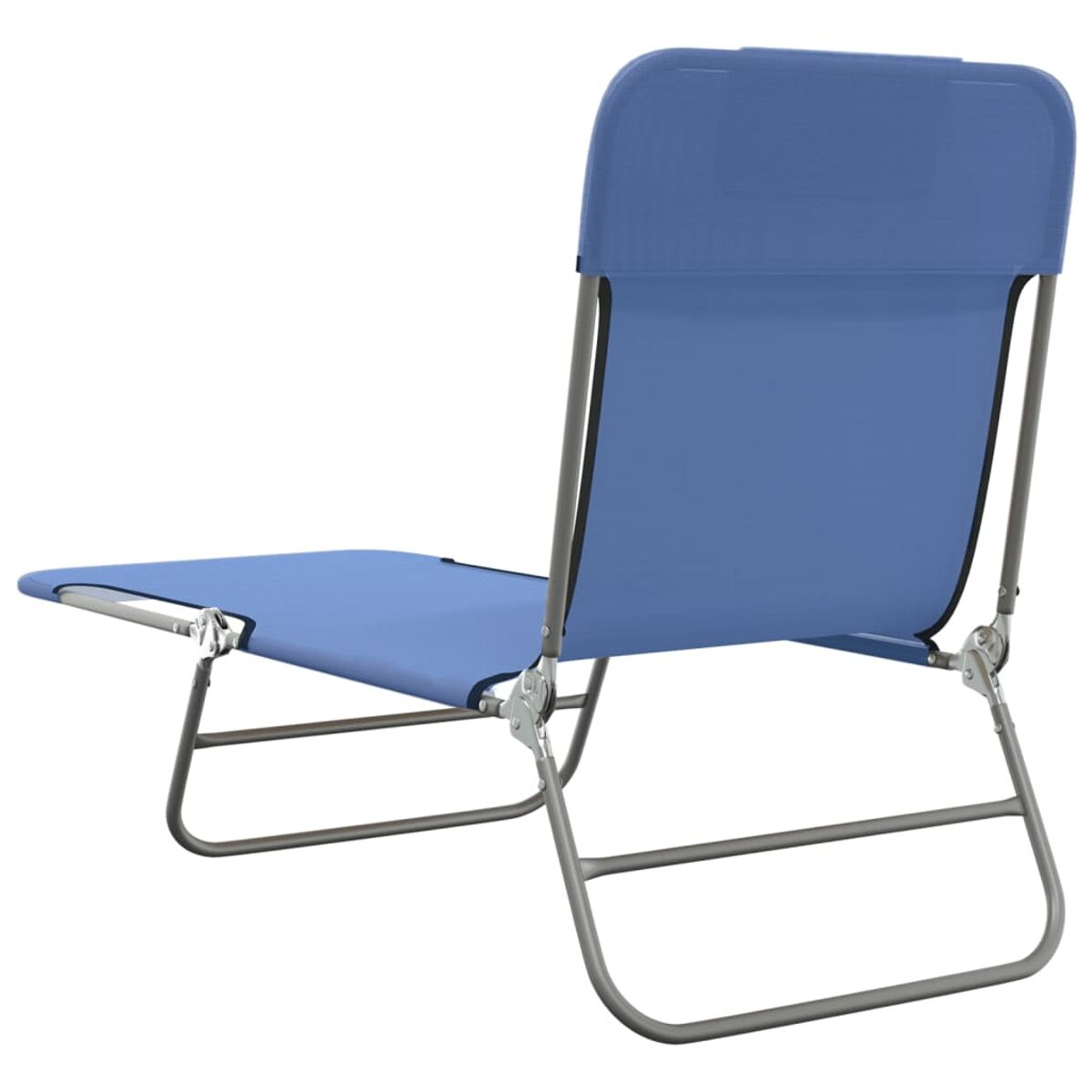 Blauer Strandstuhl aus Segeltuch mit silbernem Metallrahmen, von hinten gesehen.