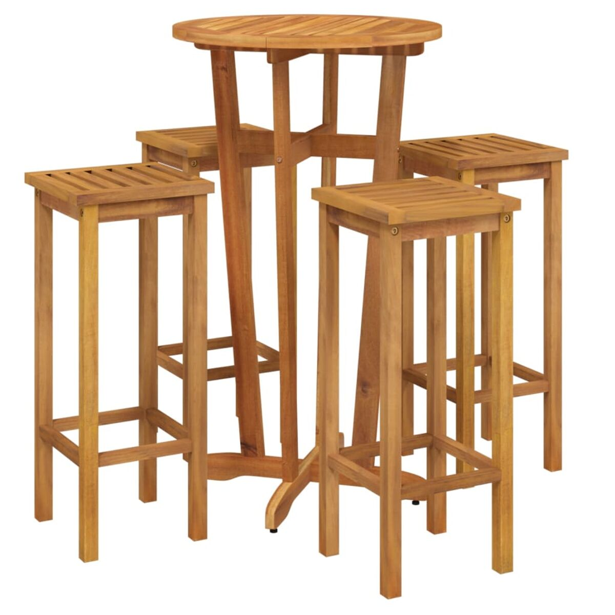 Holzbartisch mit vier Barhockern. Tisch rund. Hocker haben quadratische Sitze.