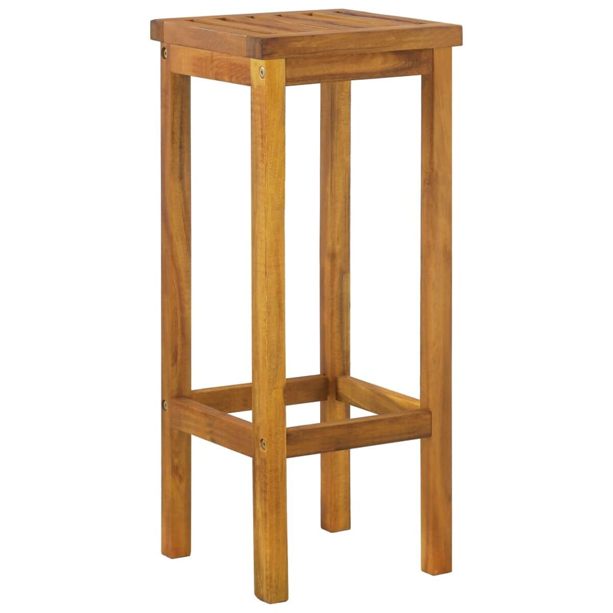 Ein hoher Holzschemel mit quadratischer Oberseite und passender quadratischer Basis, weißer Hintergrund.