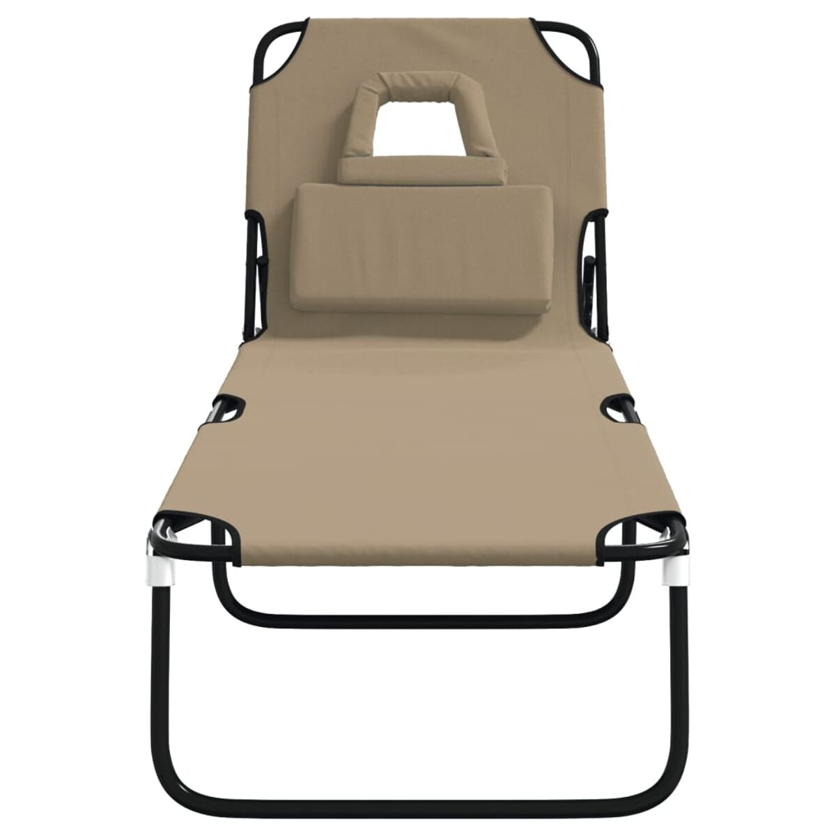 Beige Chaiselongue mit schwarzem Rahmen und Kopfstütze. Der Rahmen ist sichtbar.