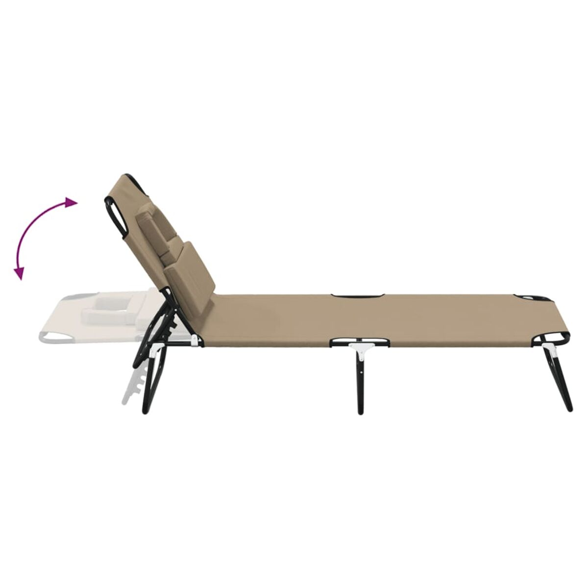 Eine beige Sonnenliege in zurückgelehnter Position, mit Pfeil.