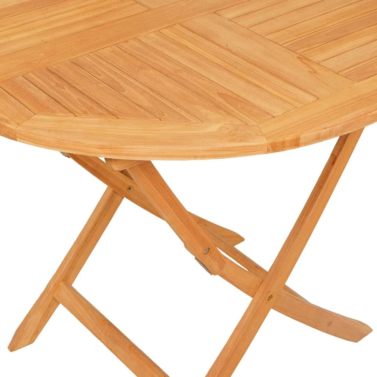 Nahaufnahme eines runden Holztisches mit klappbarer Bein-Struktur.