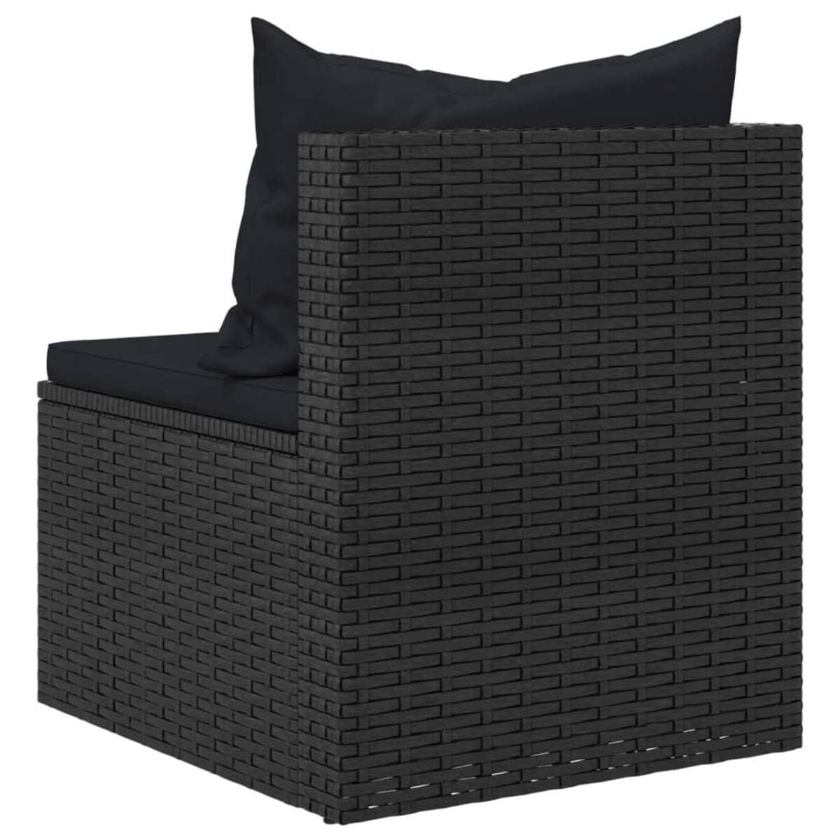 Schwarzer Korbstuhl mit schwarzem Kissen, Seitenansicht.