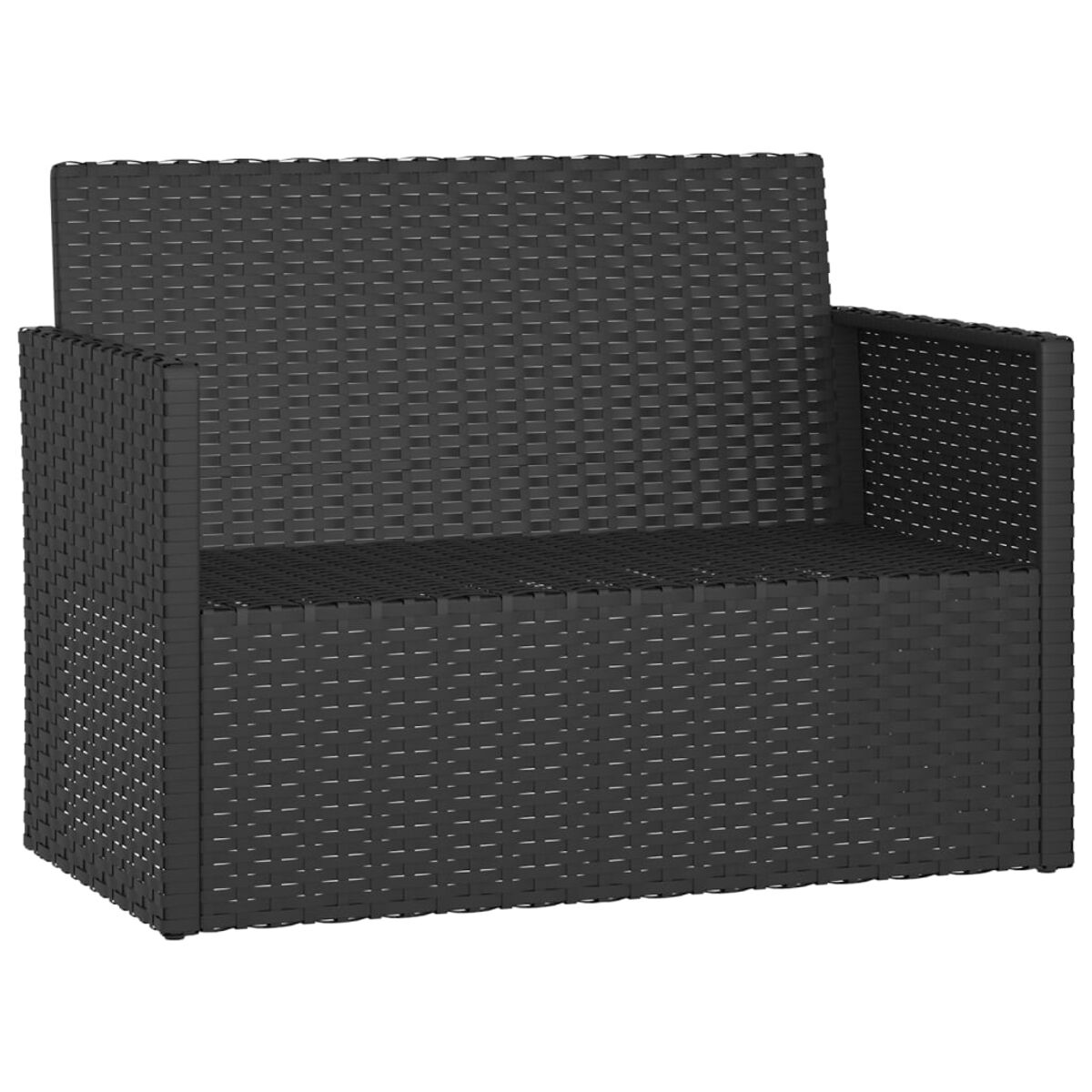 Schwarze gewebte Outdoor-Bank mit hohem Rücken und Armlehnen, auf weißem Hintergrund.