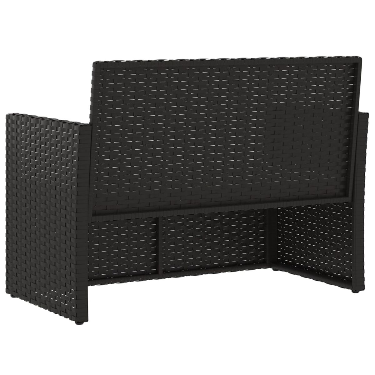 Schwarze gewebte Outdoor-Bank. Die Rückenlehne ist hoch mit einem gewebten Muster.