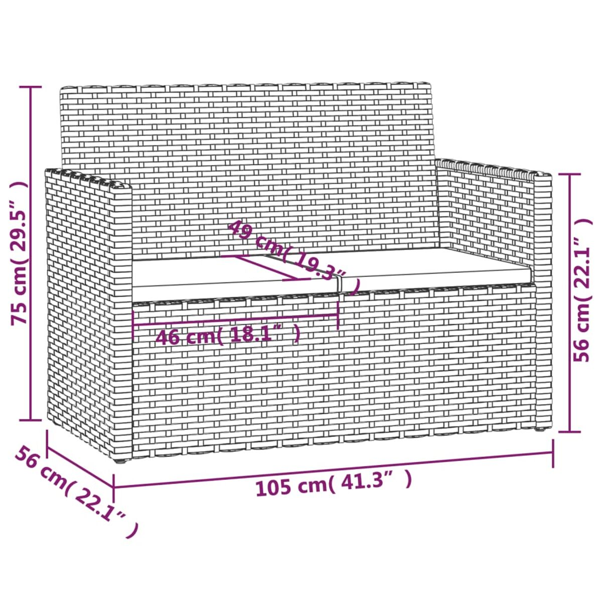 Ein graues Zweisitzer-Sofa aus Korbgeflecht. Abmessungen sind angegeben.