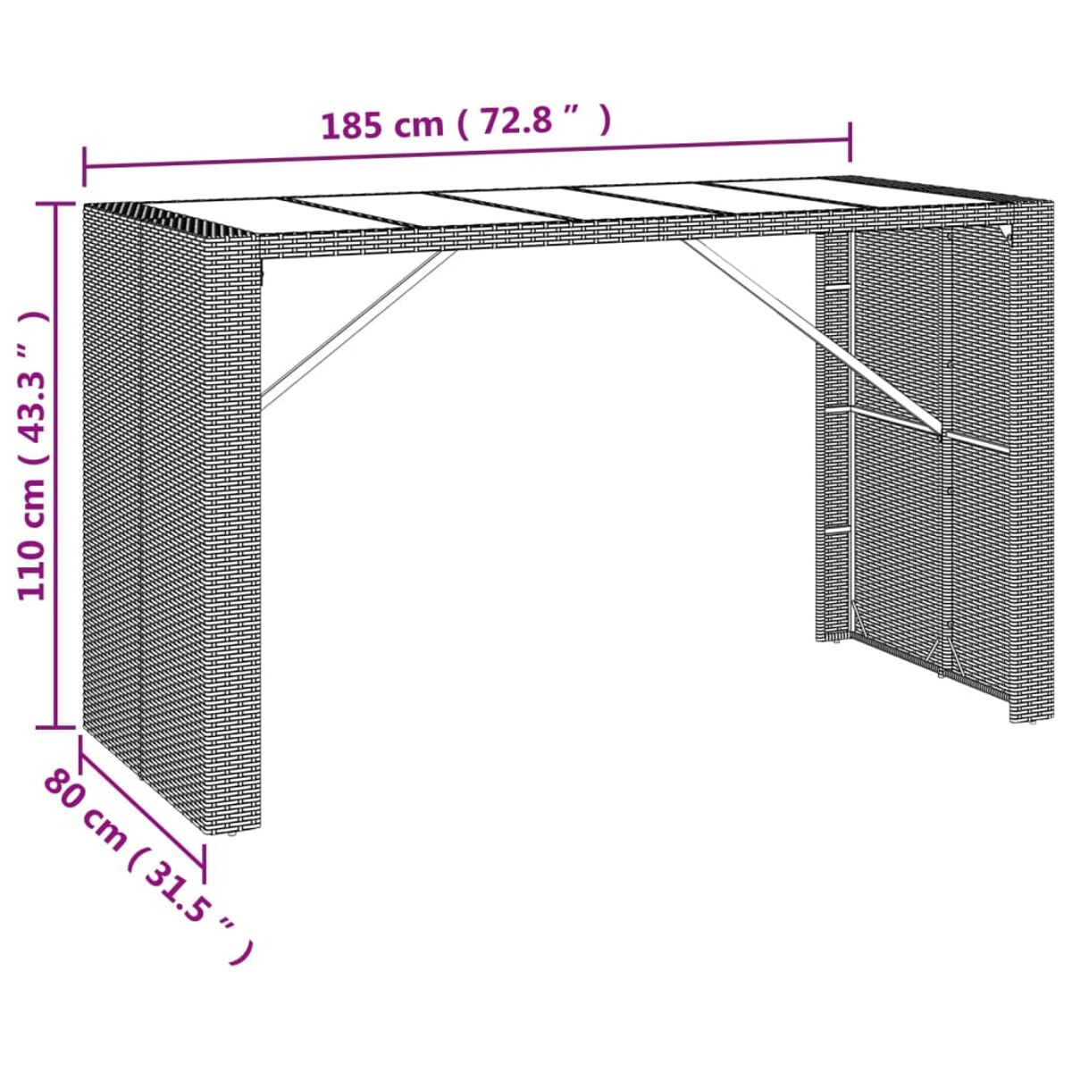 Ein Bar-Tisch aus Korbgeflecht mit den Maßen: 185 cm (72,8 Zoll), 110 cm (43,3 Zoll) und 80 cm (31,5 Zoll).