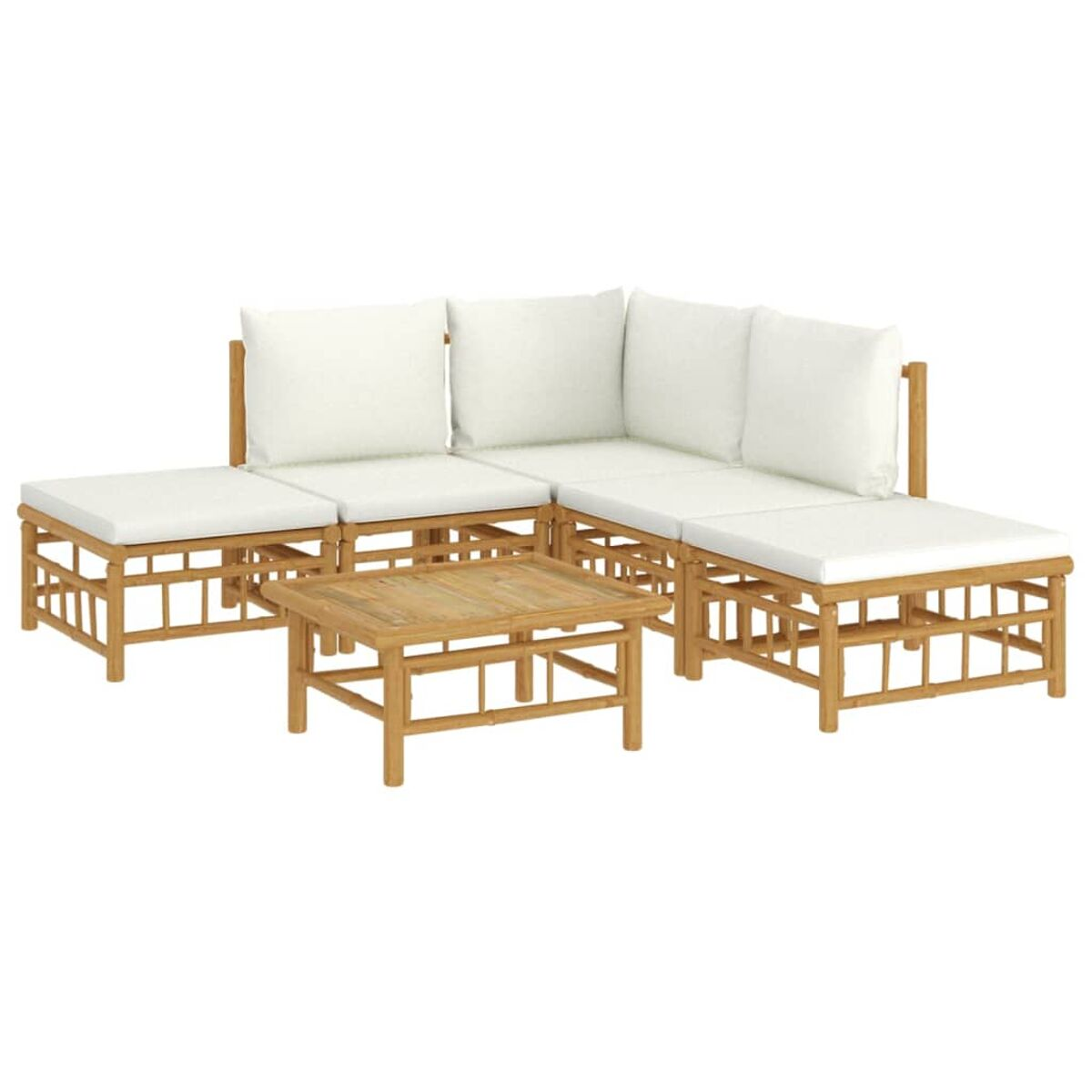 Outdoor-Ecksofa-Set und Couchtisch aus Bambus. Weißer Hintergrund.
