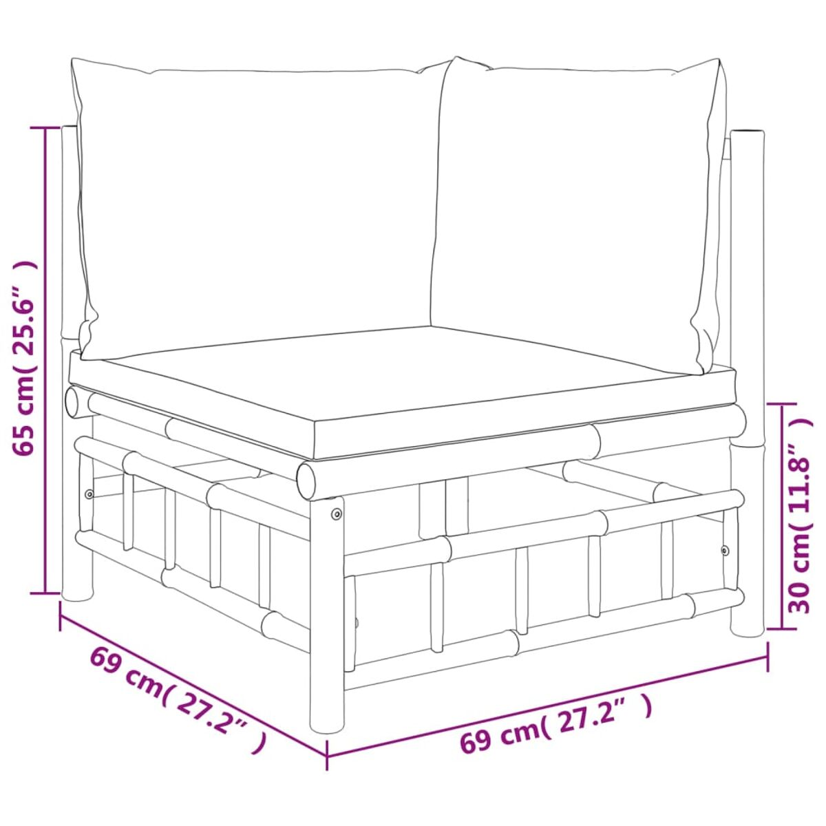Abmessungen eines Ecksofas. 69cm x 69cm, 65cm (H), 30cm (H). Es hat weiße Kissen.