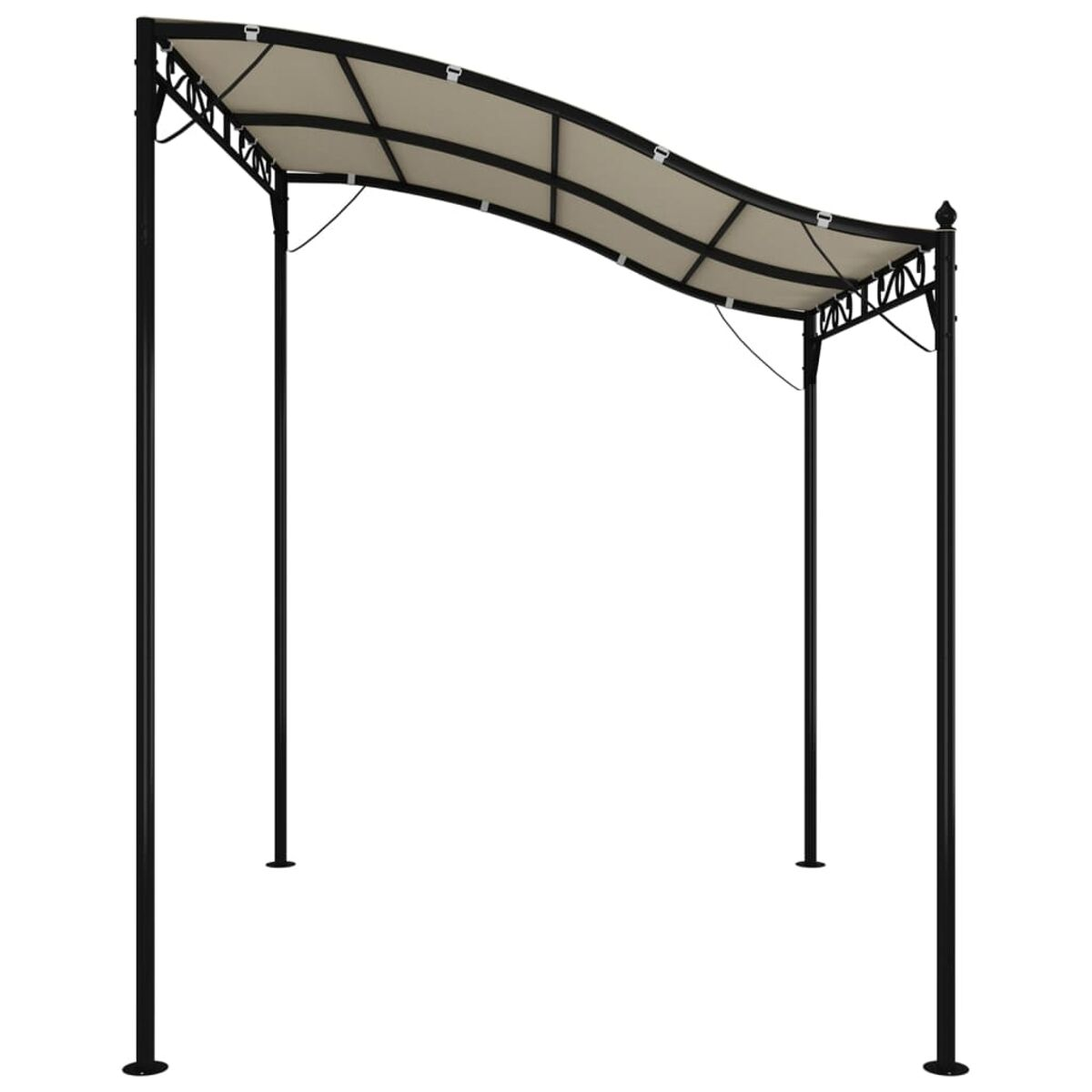 Schwarze Metallpergola mit hellbeigem Baldachin. Weißer Hintergrund.