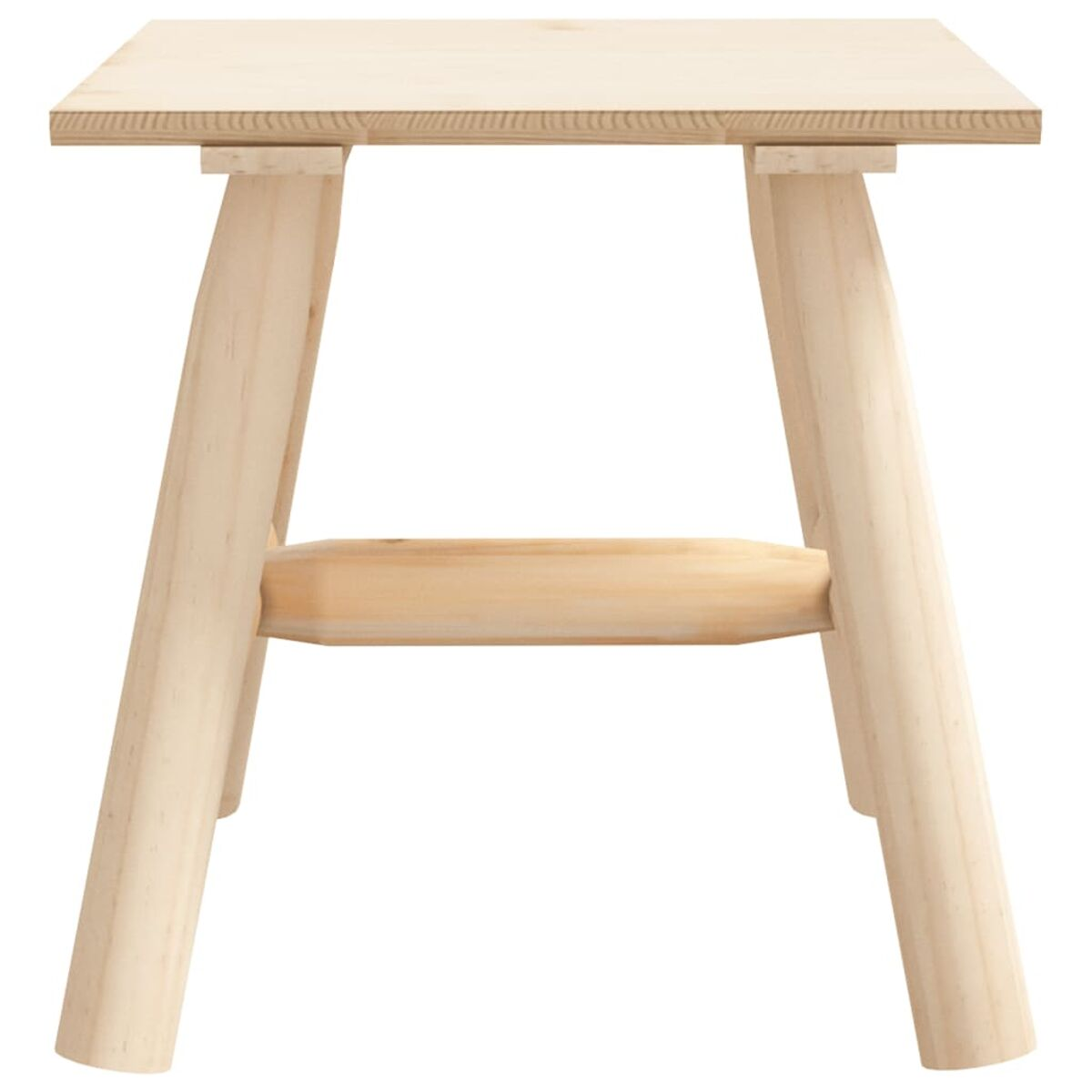 Hocker aus Holz mit vier Beinen. Hellbraun, einfaches Design, mit Stützstange.