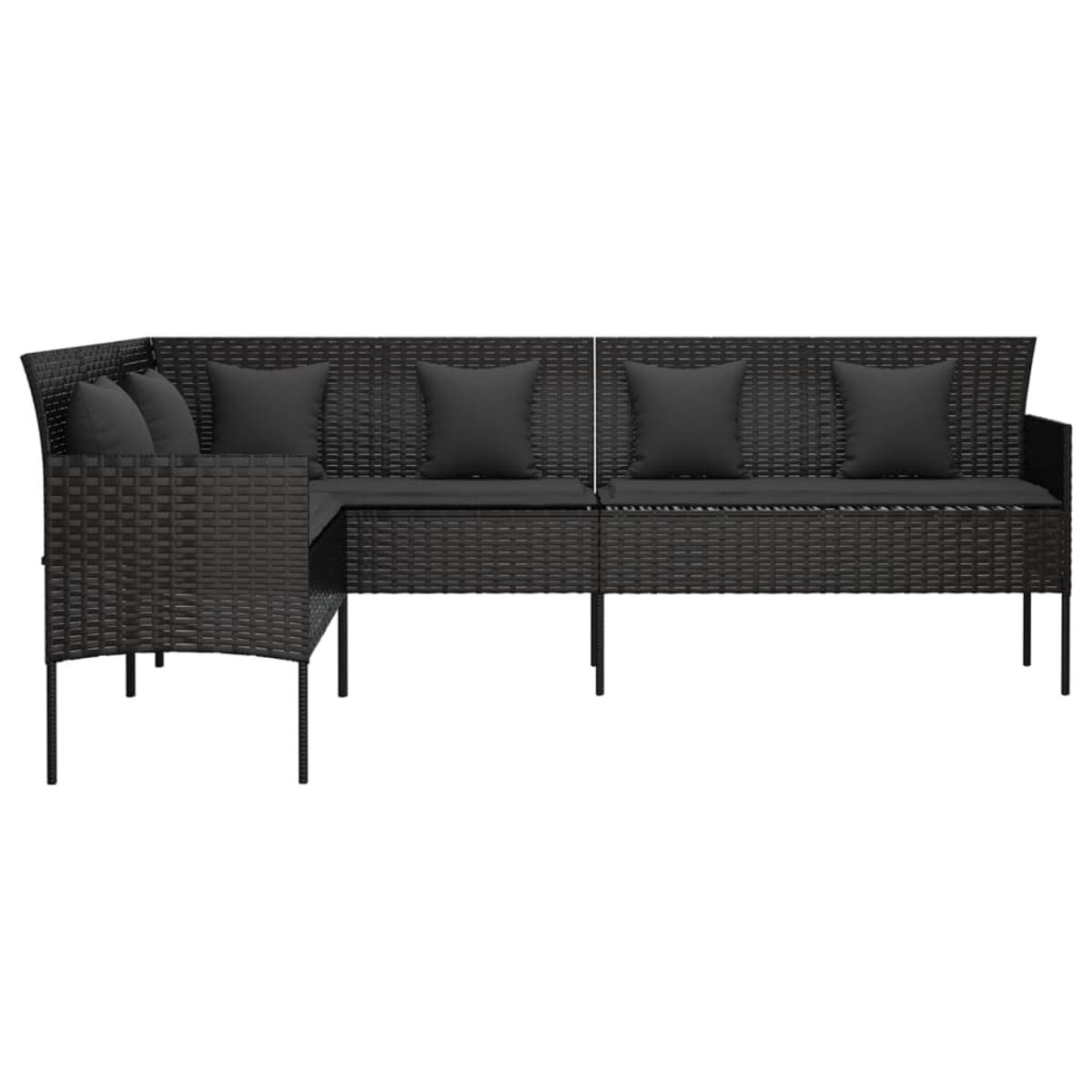 Schwarzes Ecksofa-Set aus Korbgeflecht mit Kissen. Das Set ist auf weißem Hintergrund.