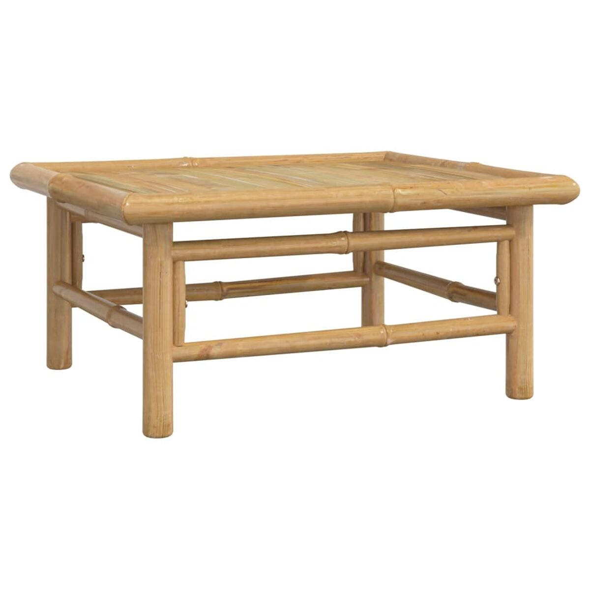 Ein kleiner, quadratischer Couchtisch aus Bambus mit Lamellenoberfläche und Bambusbeinen.