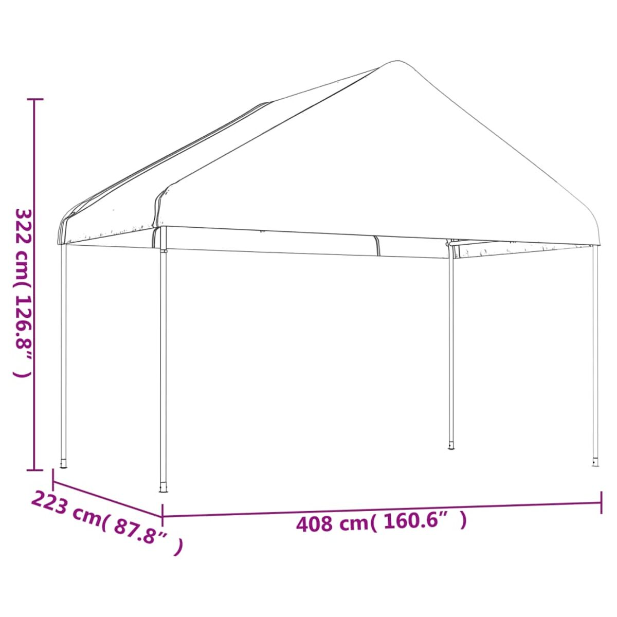 Diagramm eines rechteckigen Pavillons mit Abmessungen. Er ist 408 cm lang und 322 cm hoch.