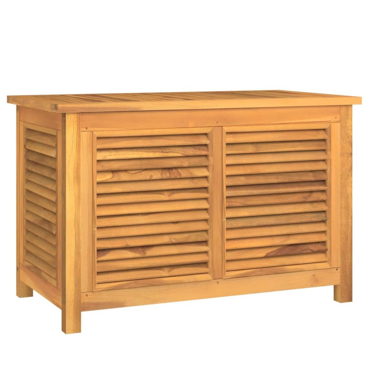 Ein Holz-Außenaufbewahrungsschrank mit zwei Lamellentüren. Der Hintergrund ist weiß.