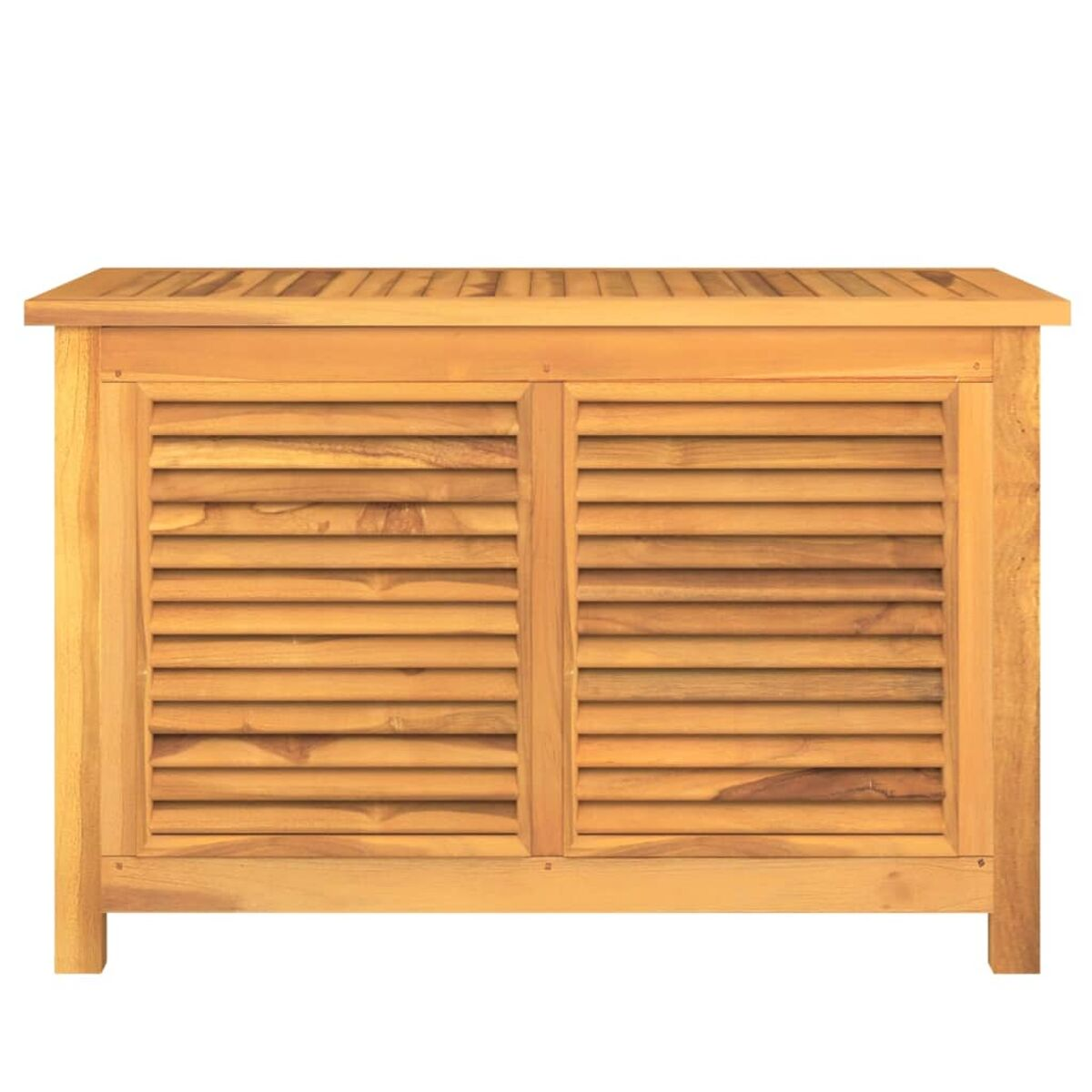 Holzschrank mit zwei Türen mit Fensterläden. Der Schrank ist braun.