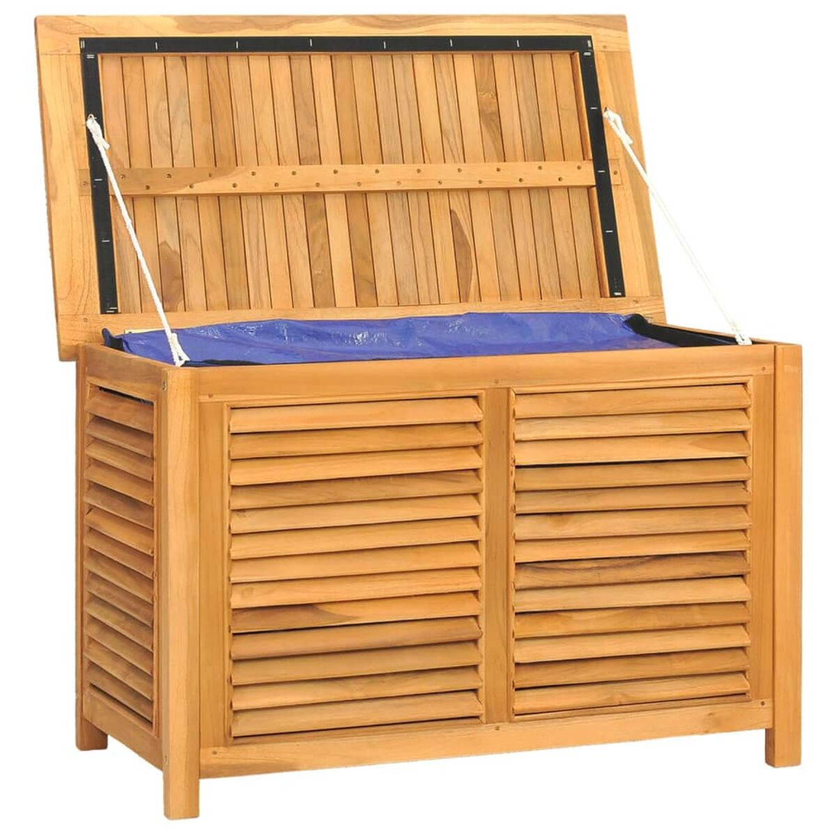 Holztruhe mit offenem Deckel, die blaue Plane zeigt. Die Truhe hat Lamellen.