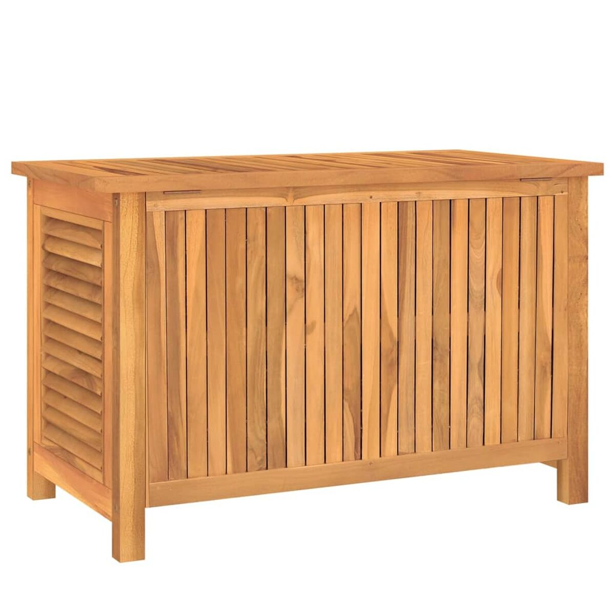 Holzschrank mit vertikalen Lamellen und einer Lamellentür.