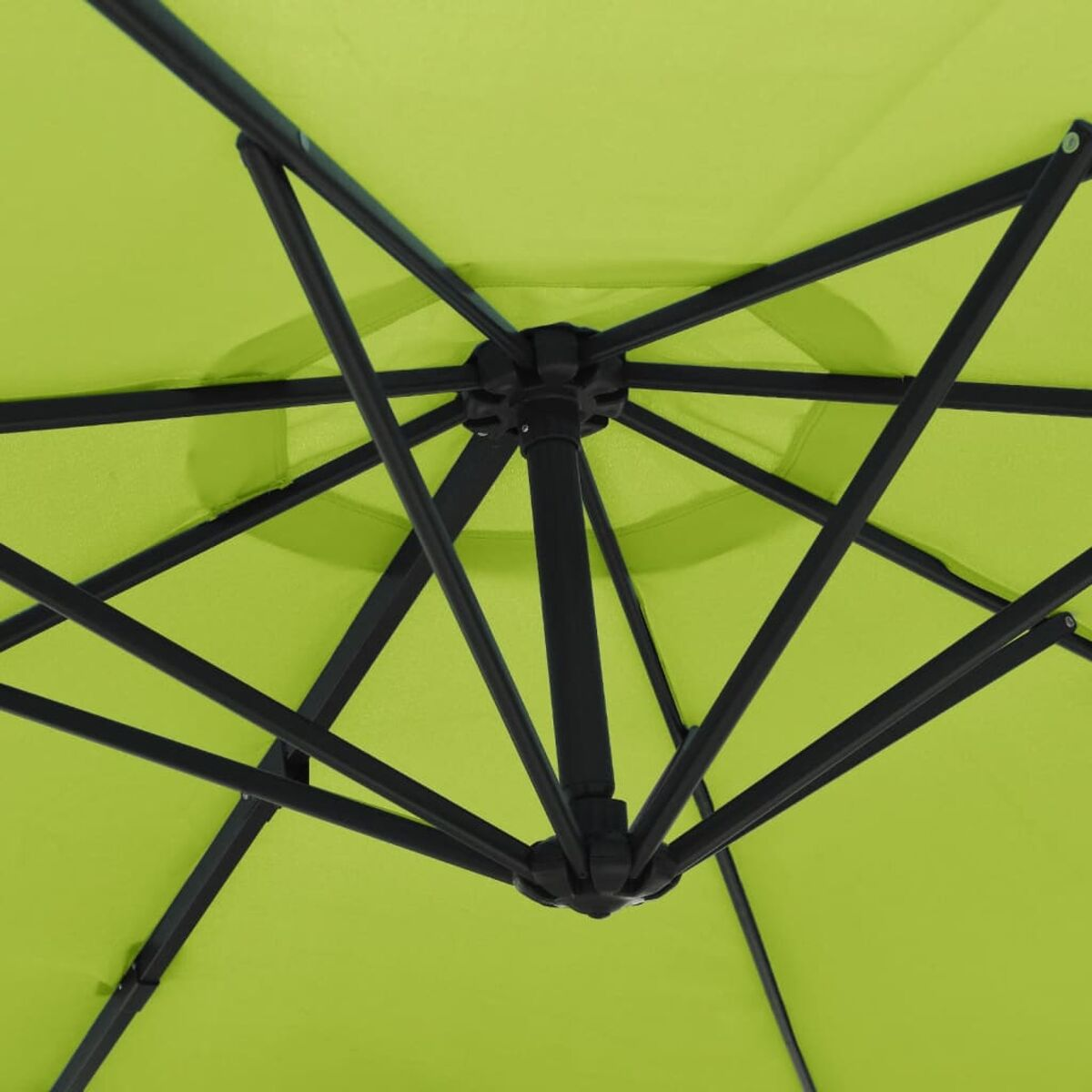 Unterseite eines limettengrünen Schirms mit schwarzen Rahmendetails.