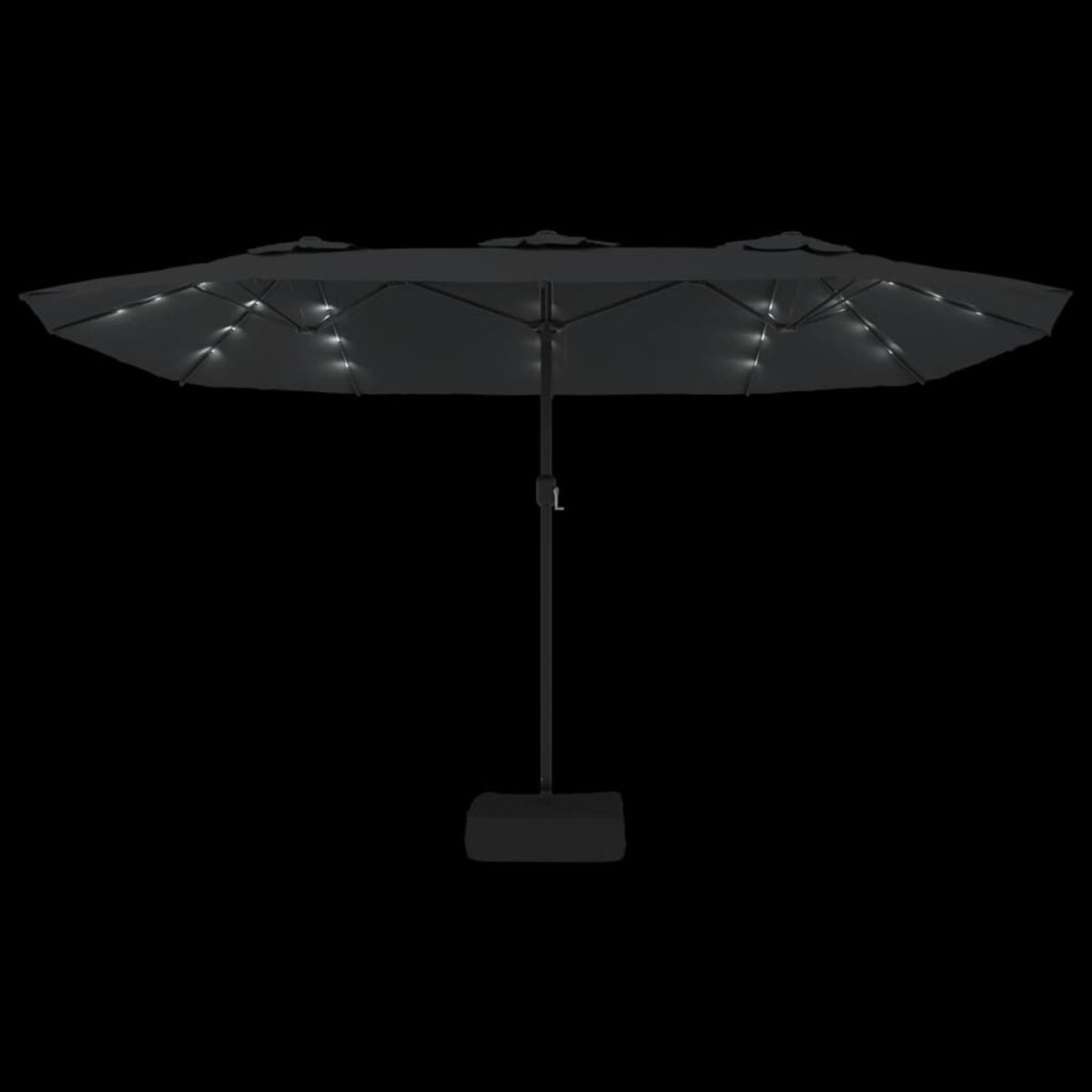 Schwarzer doppelseitiger Regenschirm mit Lichtern auf schwarzem Hintergrund.