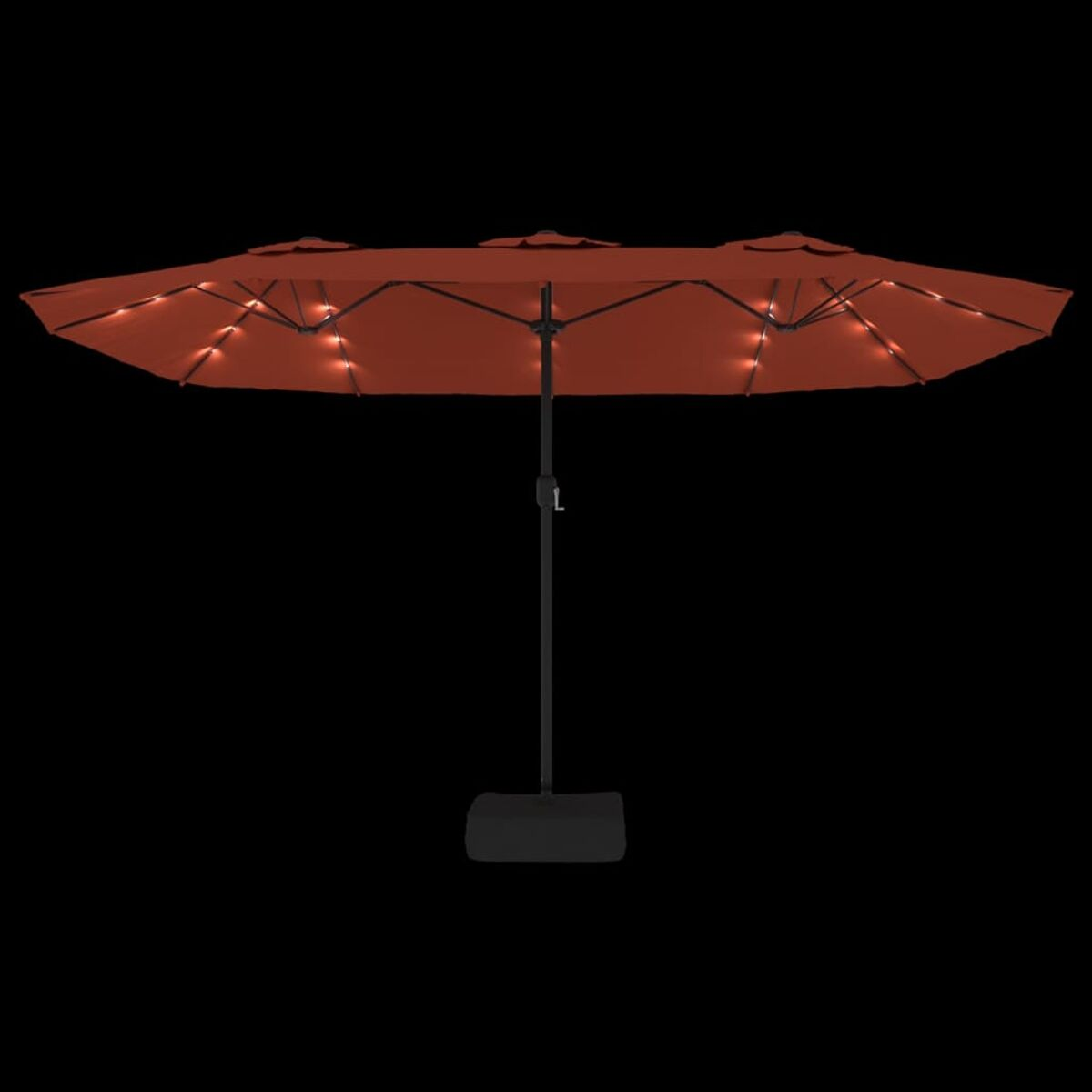 Oranger doppelseitiger Schirm mit Lichtern auf schwarzem Grund.
