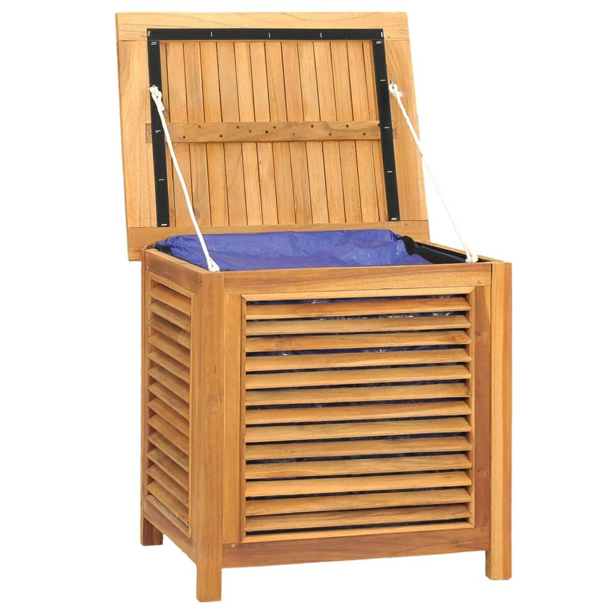 Holz-Aufbewahrungsbox, Deckel offen, mit blauem Innenraum. Lamellenfront.