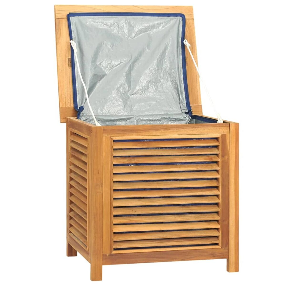Eine hölzerne Aufbewahrungsbox mit offenem Deckel, der ein graues Innenfutter zeigt.