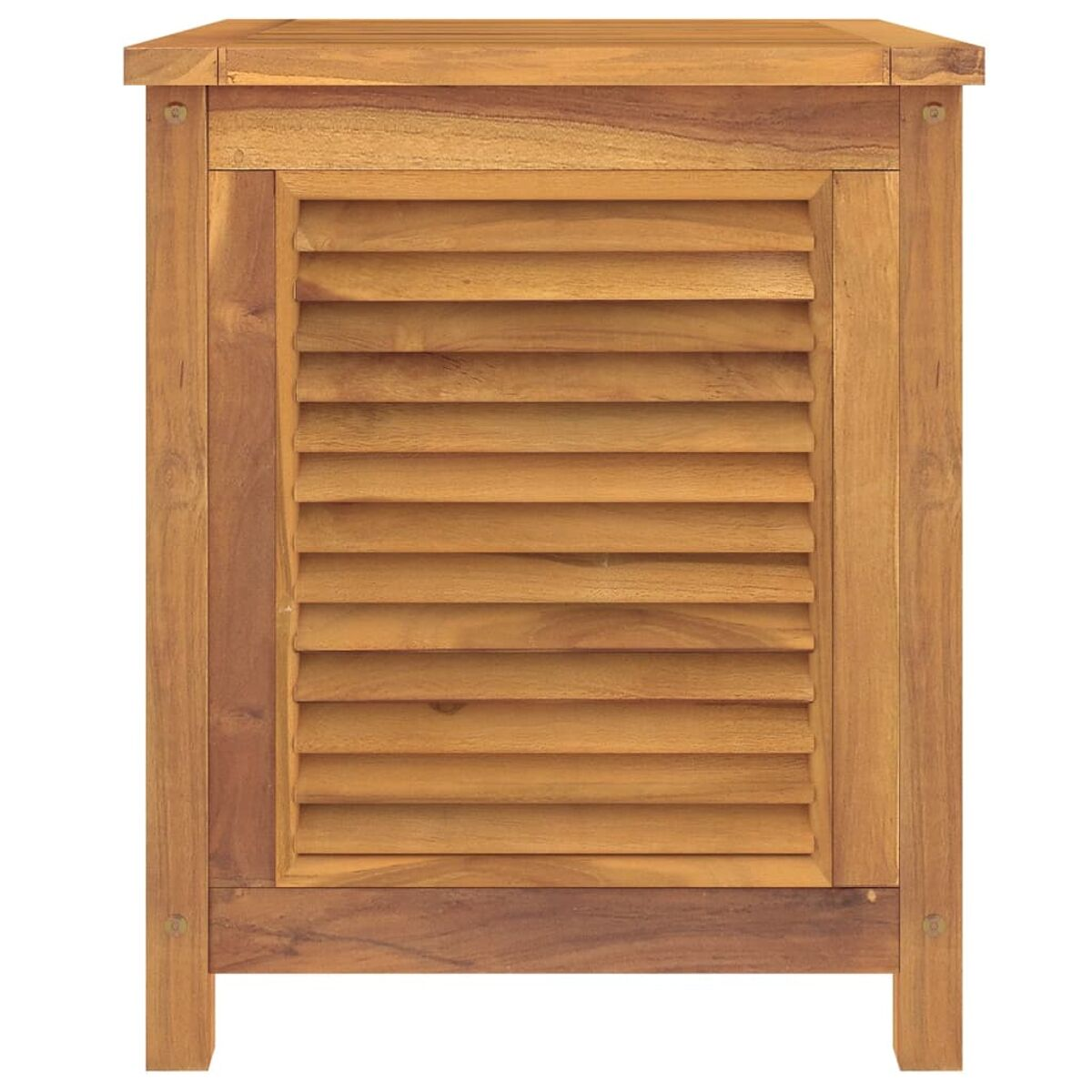 Holzschrank mit Jalousietür, mit sichtbaren Lamellen, in warmer, hellbrauner Farbe.
