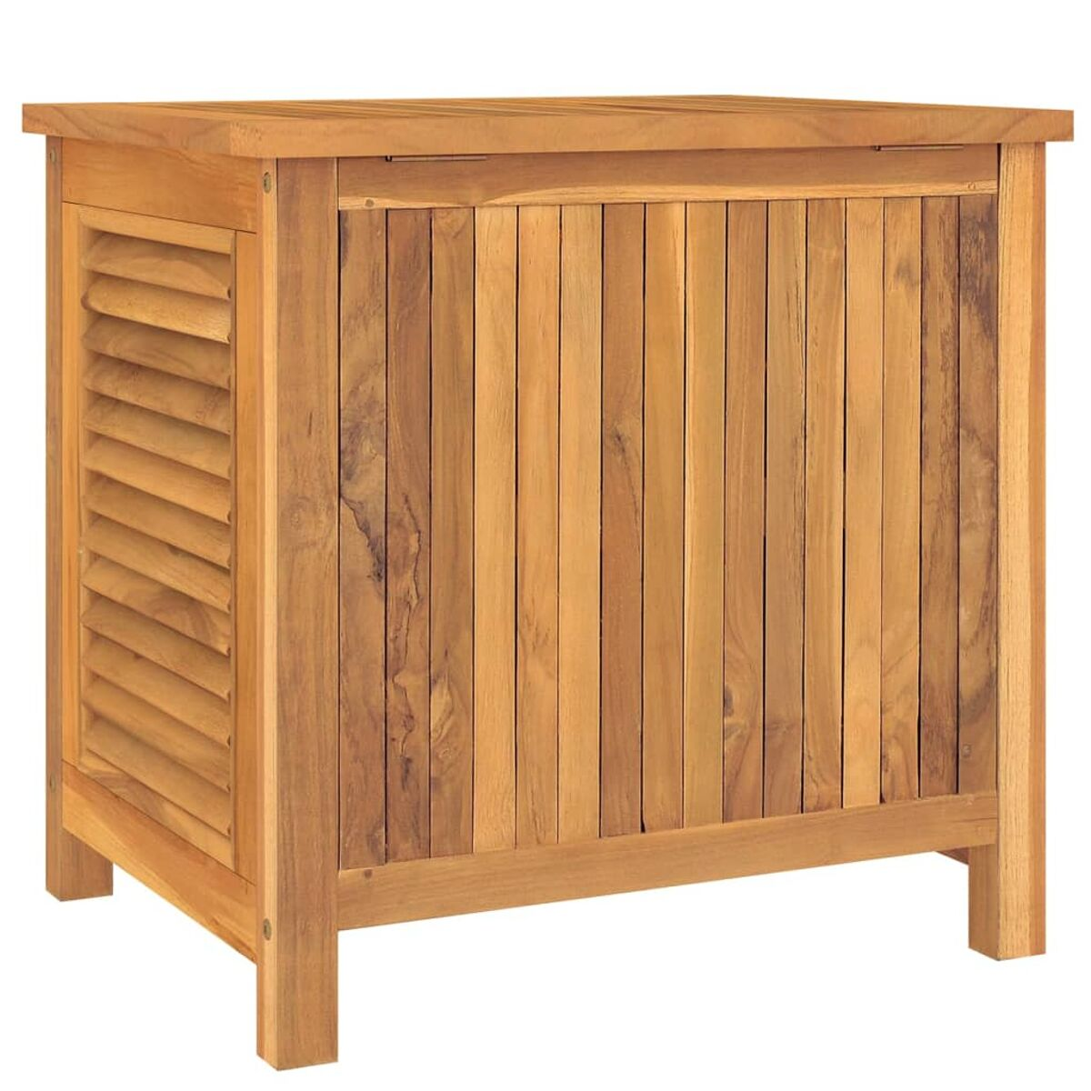 Holzschrank mit Lamellentür auf der linken Seite und vertikalen Lamellen auf der Vorderseite.