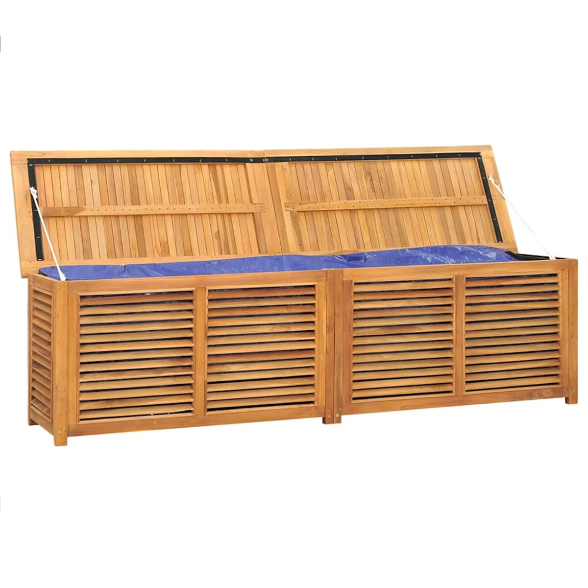 Holz-Aufbewahrungsbox für den Außenbereich mit offenem Deckel. Zeigt eine blaue Plane im Inneren.