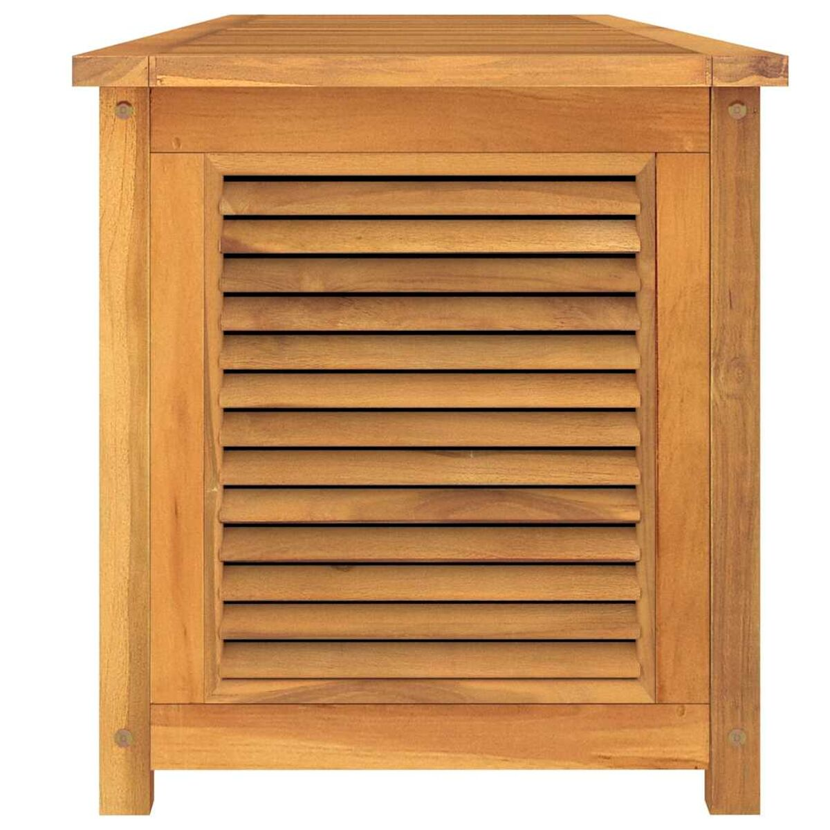 Ein Holzschrank mit Lamellentür. Er hat eine quadratische Oberseite und Beine.