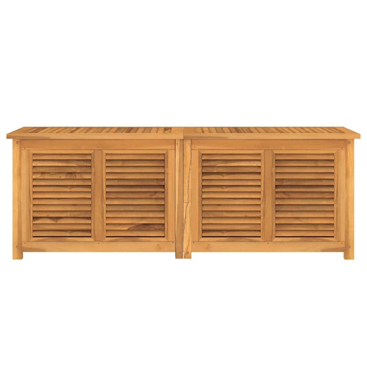 Holzschrank mit Türen im Jalousie-Stil, Ansicht von vorne.