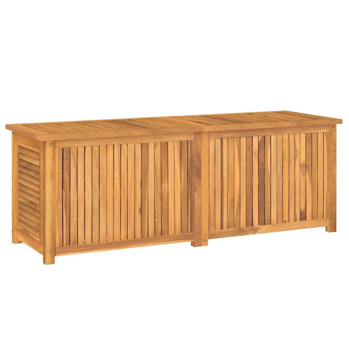 Holz-Aufbewahrungsbox mit vertikalen Lamellen. Hellbraune Farbe. Beschattet. Rechteckige Form.