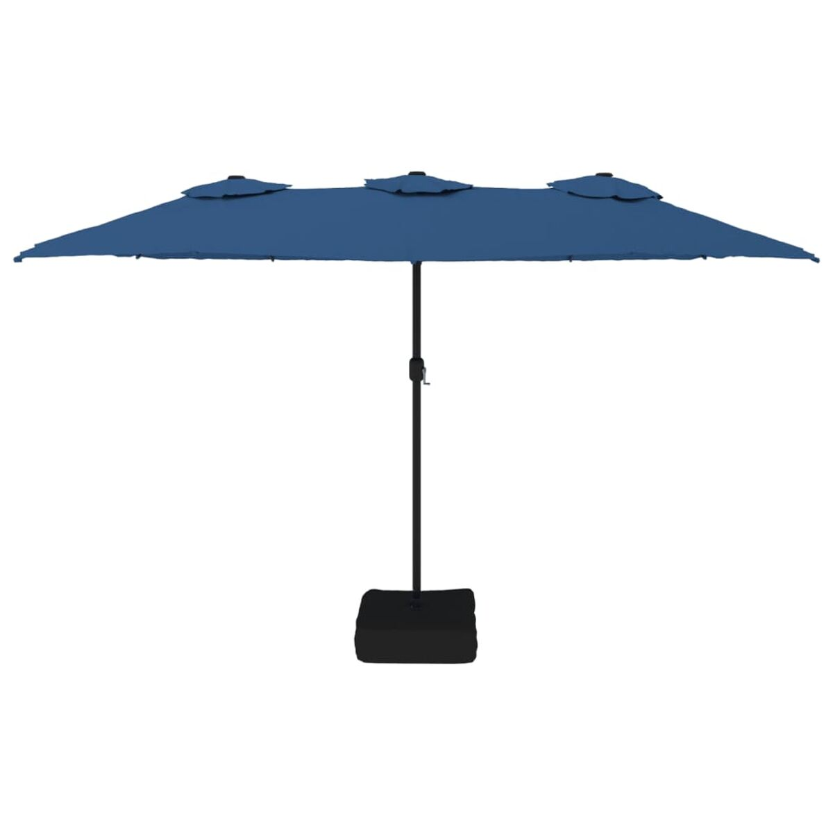 Blauer rechteckiger Sonnenschirm mit drei Dachabschnitten auf schwarzem Sockel.