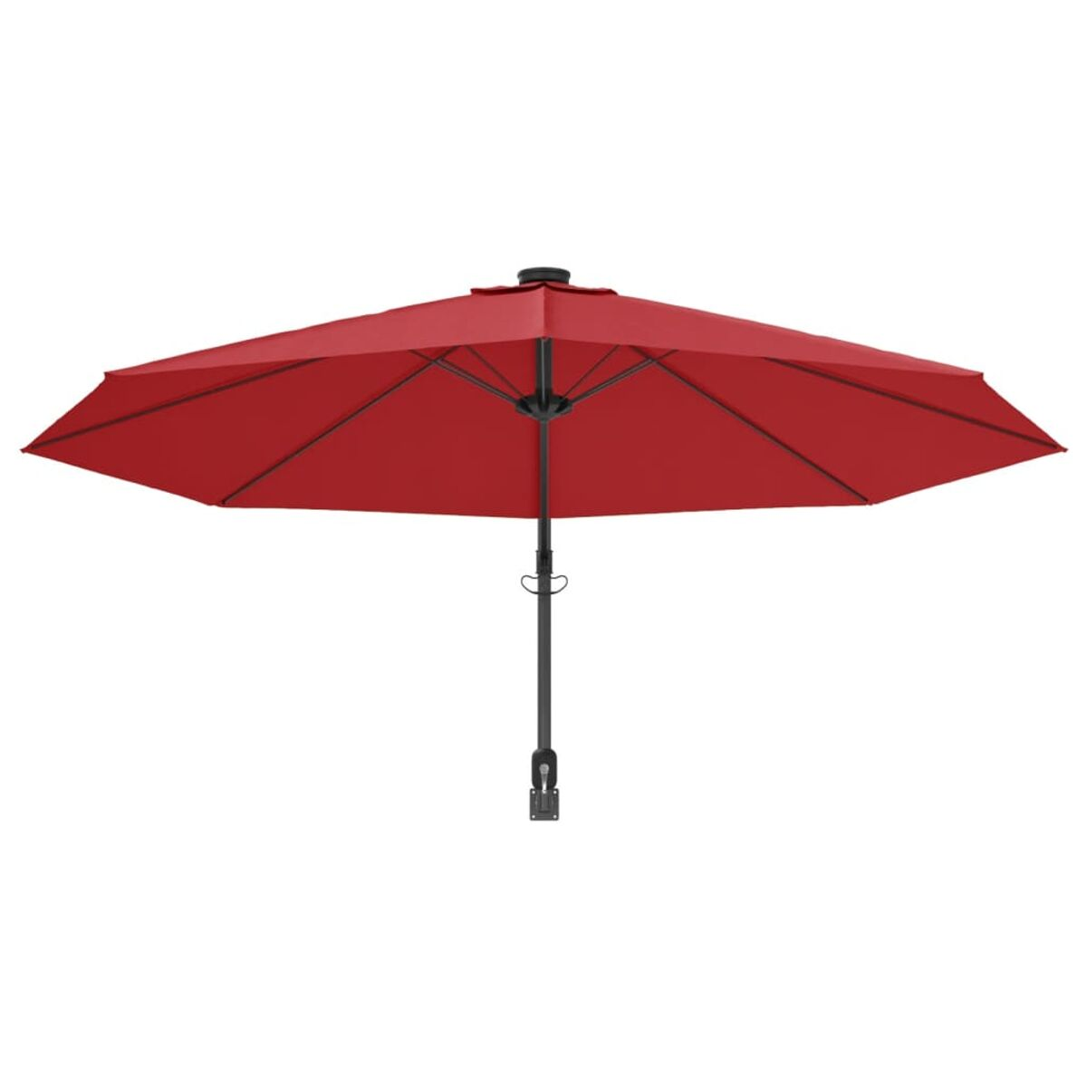 Roter Regenschirm mit schwarzem Mast und Fuß. Er ist geöffnet und einsatzbereit.