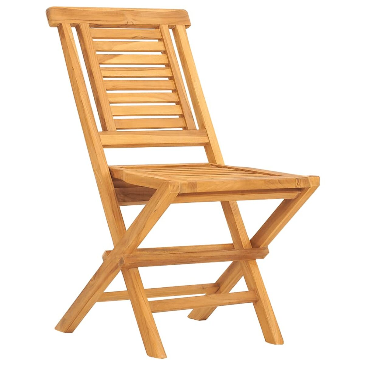 Klappstuhl aus Holz, offen. Der Stuhl hat Lamellen und eine Rückenlehne.