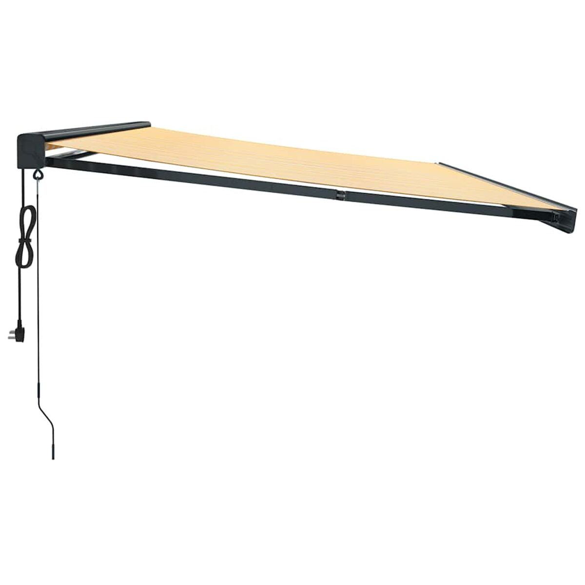 Eine ausfahrbare Markise, beiger Stoff, an der Wand befestigt. Sie hat einen schwarzen Rahmen und ein Netzkabel.
