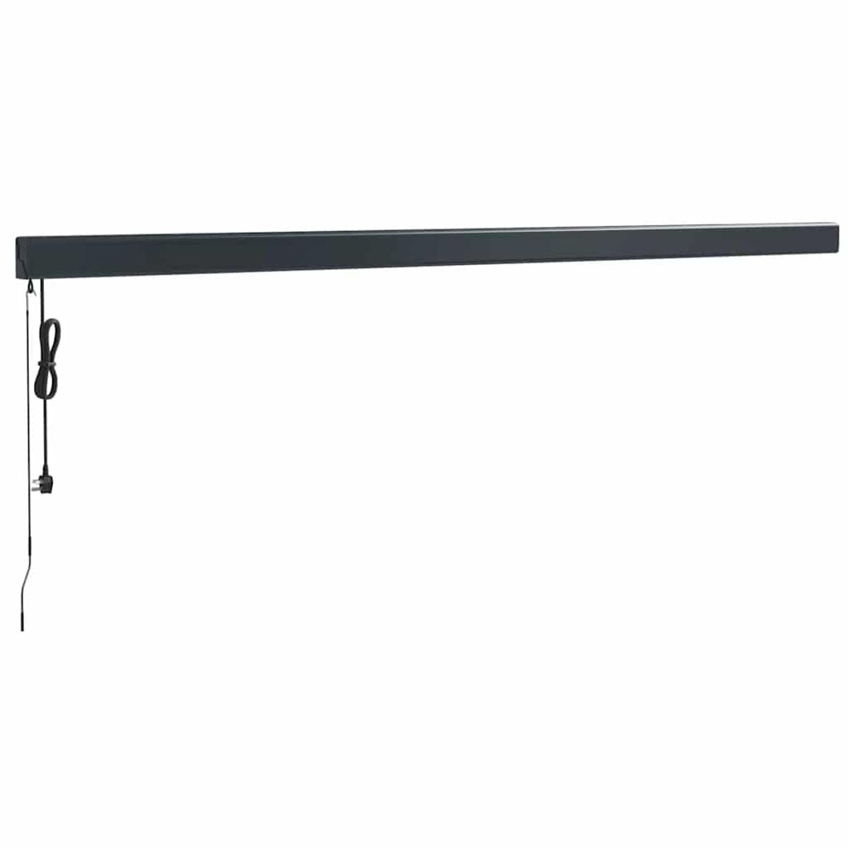 Schwarze, moderne Außenleuchte, an einer weißen Wand montiert. Sie hat ein hängendes Netzkabel.